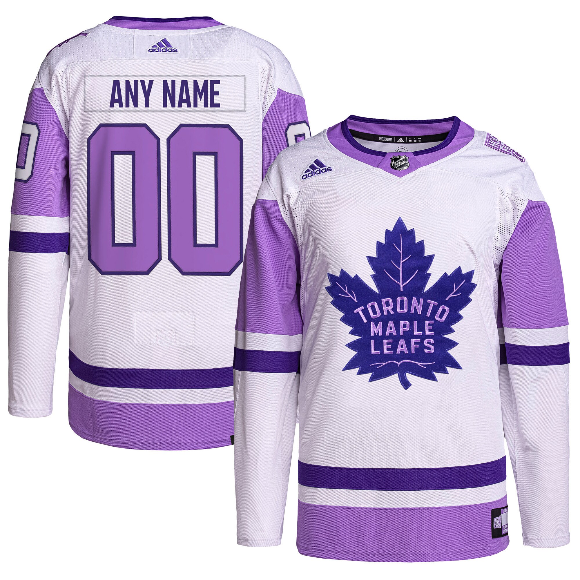 Toronto Maple Leafs adidas Hockey Fights Cancer Primegreen Authentic Custom Jersey - White/Purple - vstockx