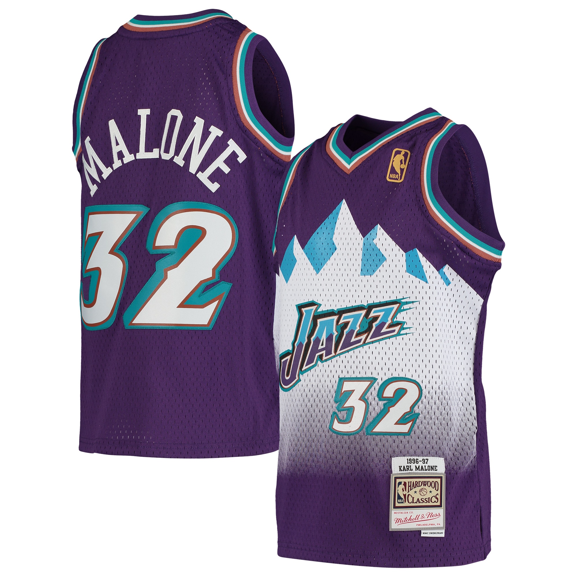 Karl Malone Utah Jazz Mitchell & Ness Youth 1991-92 Hardwood Classics Swingman Throwback Jersey - Purple - vstockx