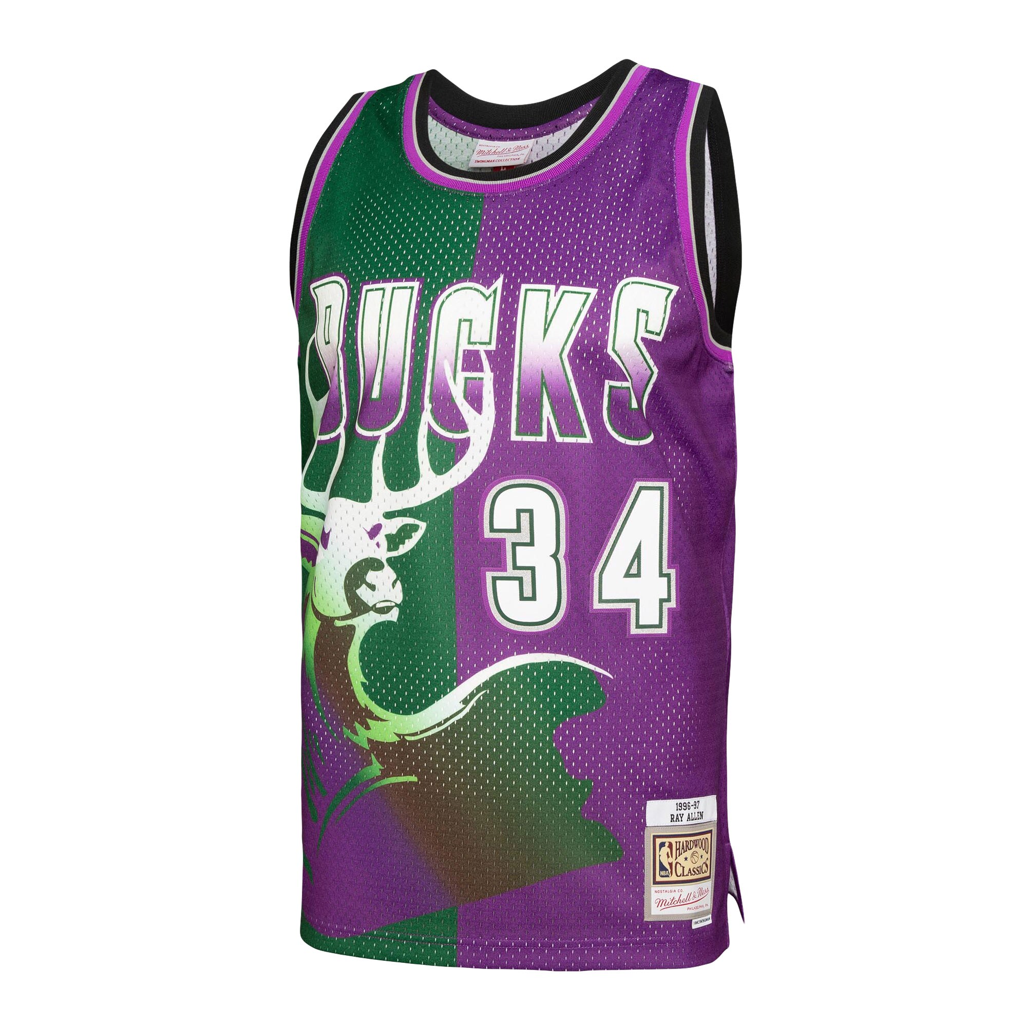 Ray Allen Milwaukee Bucks Mitchell & Ness Hardwood Classics 1996/97 Split Swingman Jersey - Green/Purple - vstockx