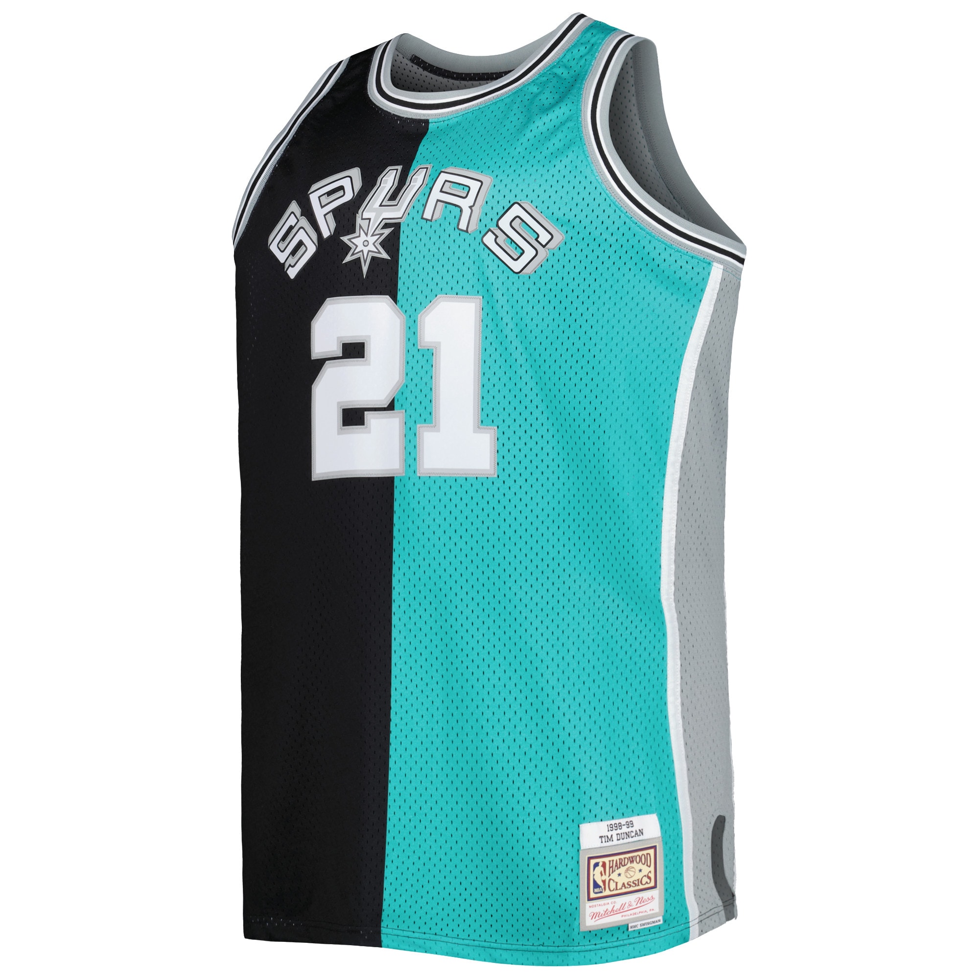 Tim Duncan San Antonio Spurs Mitchell & Ness Big & Tall Hardwood Classics 1998/99 Split Swingman Jersey - Black/Teal - vstockx