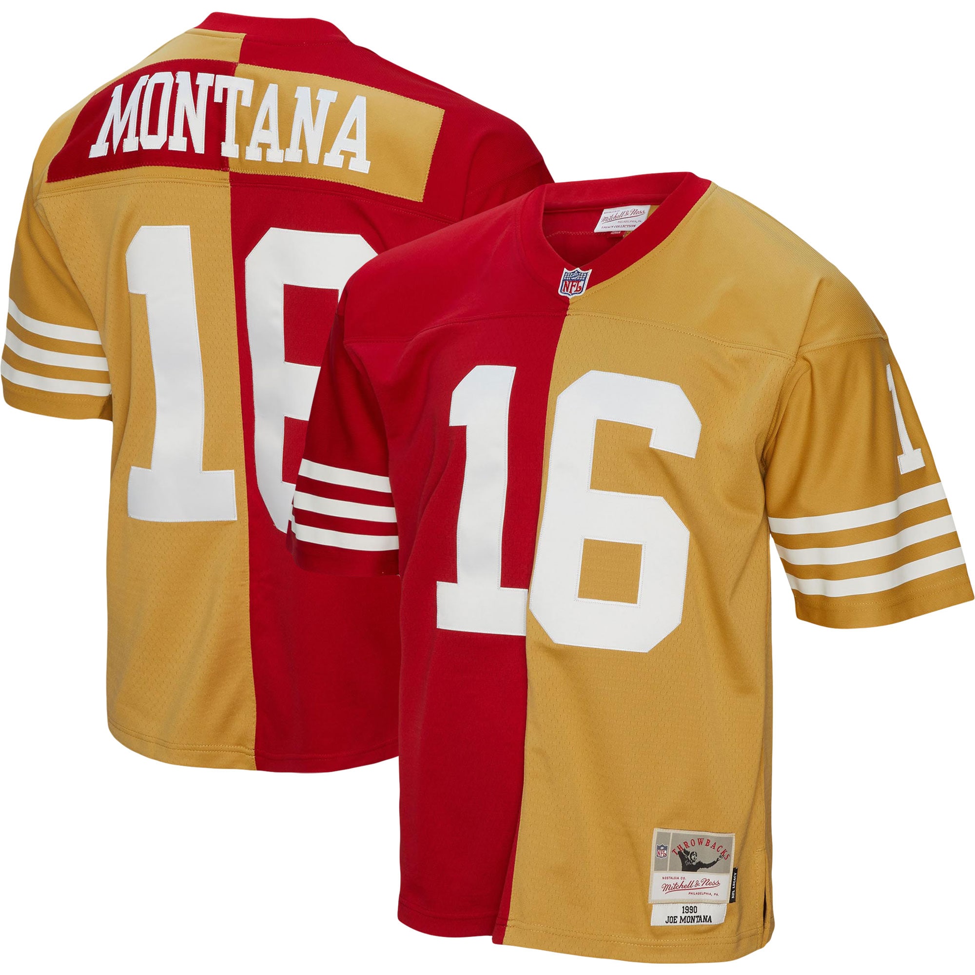 Joe Montana San Francisco 49ers Mitchell & Ness 1990 Split Legacy Replica Jersey - Scarlet/Gold - vstockx