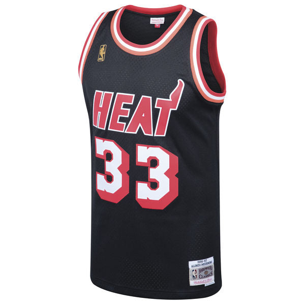 Men's Miami Heat Alonzo Mourning Mitchell & Ness Black 1996-97 Hardwood Classics Swingman Jersey - vstockx