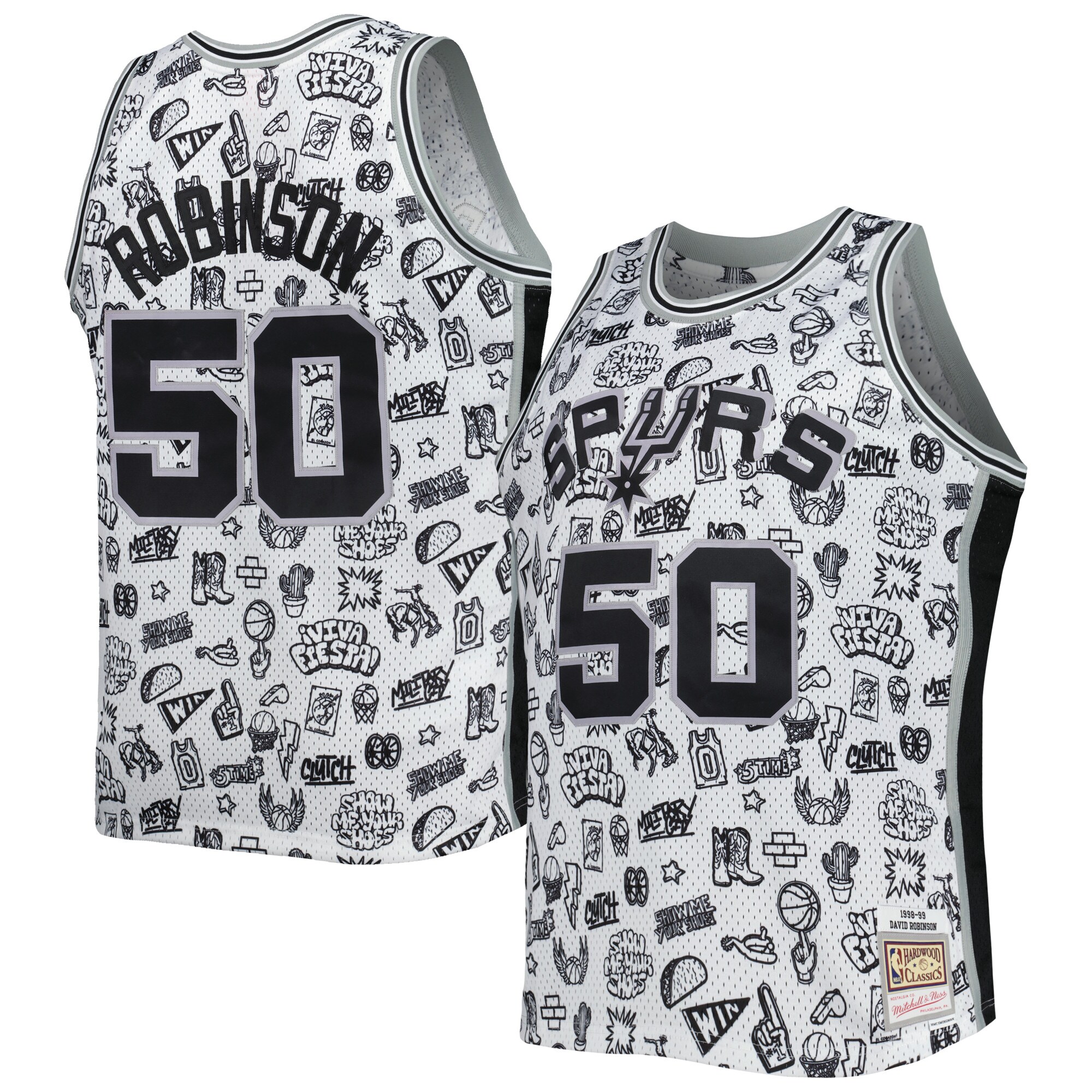 David Robinson San Antonio Spurs Mitchell & Ness 1998/99 Hardwood Classics Doodle Swingman Player Jersey - White - vstockx
