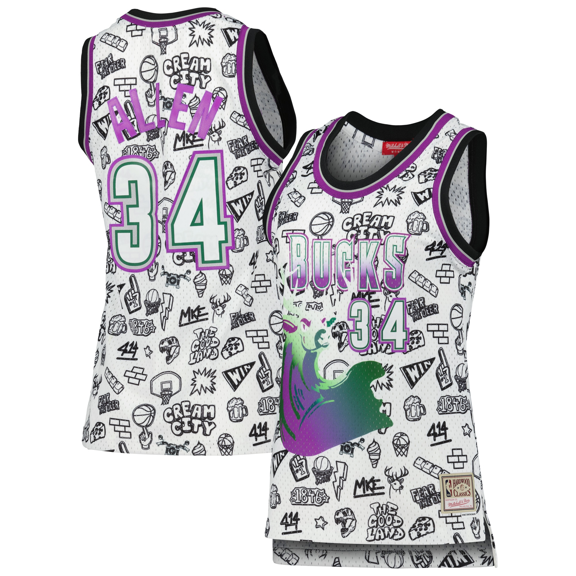 Ray Allen Milwaukee Bucks Mitchell & Ness Women's 1996 Doodle Swingman Jersey - White - vstockx