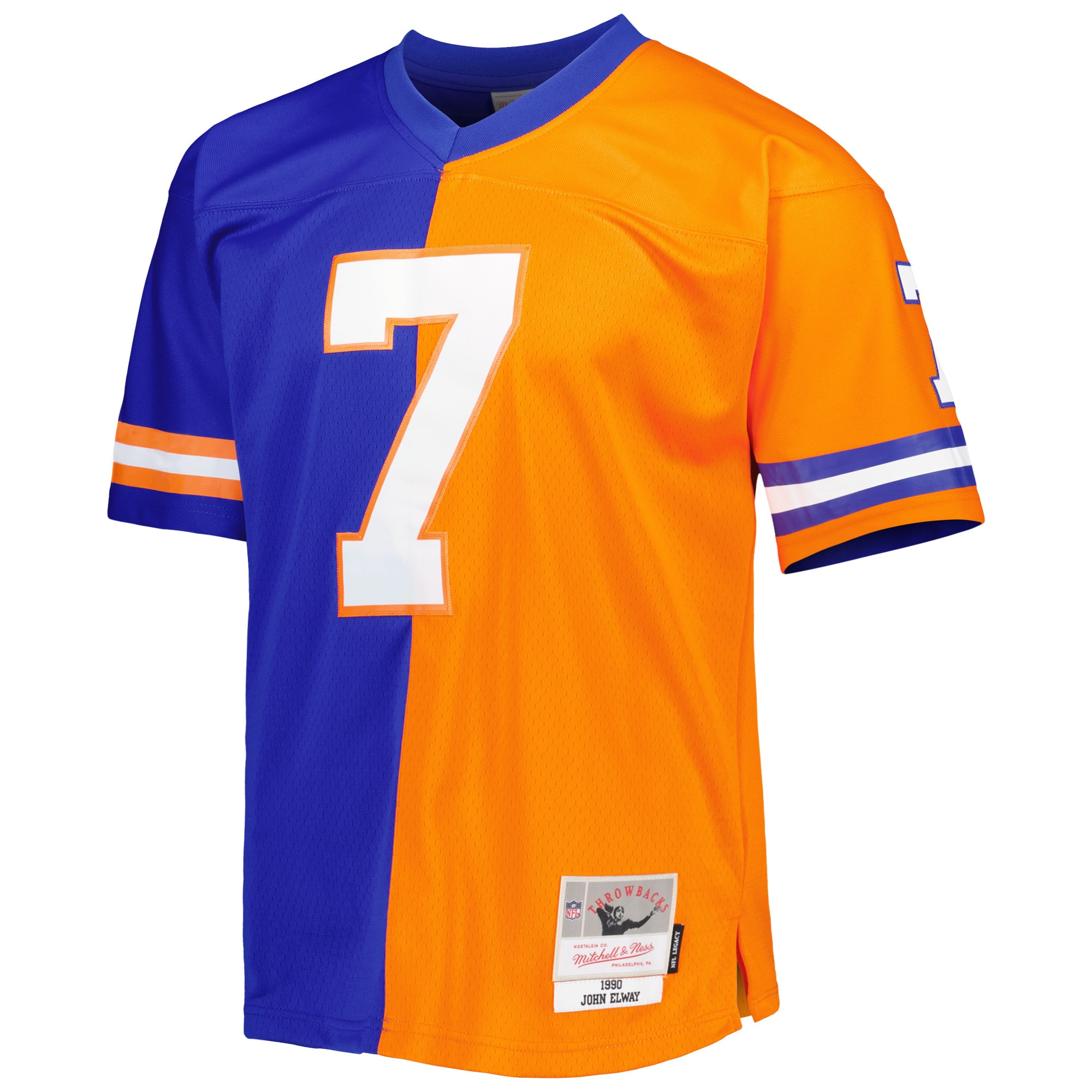 John Elway Denver Broncos Mitchell & Ness 1990 Split Legacy Replica Jersey - Royal/Orange - vstockx