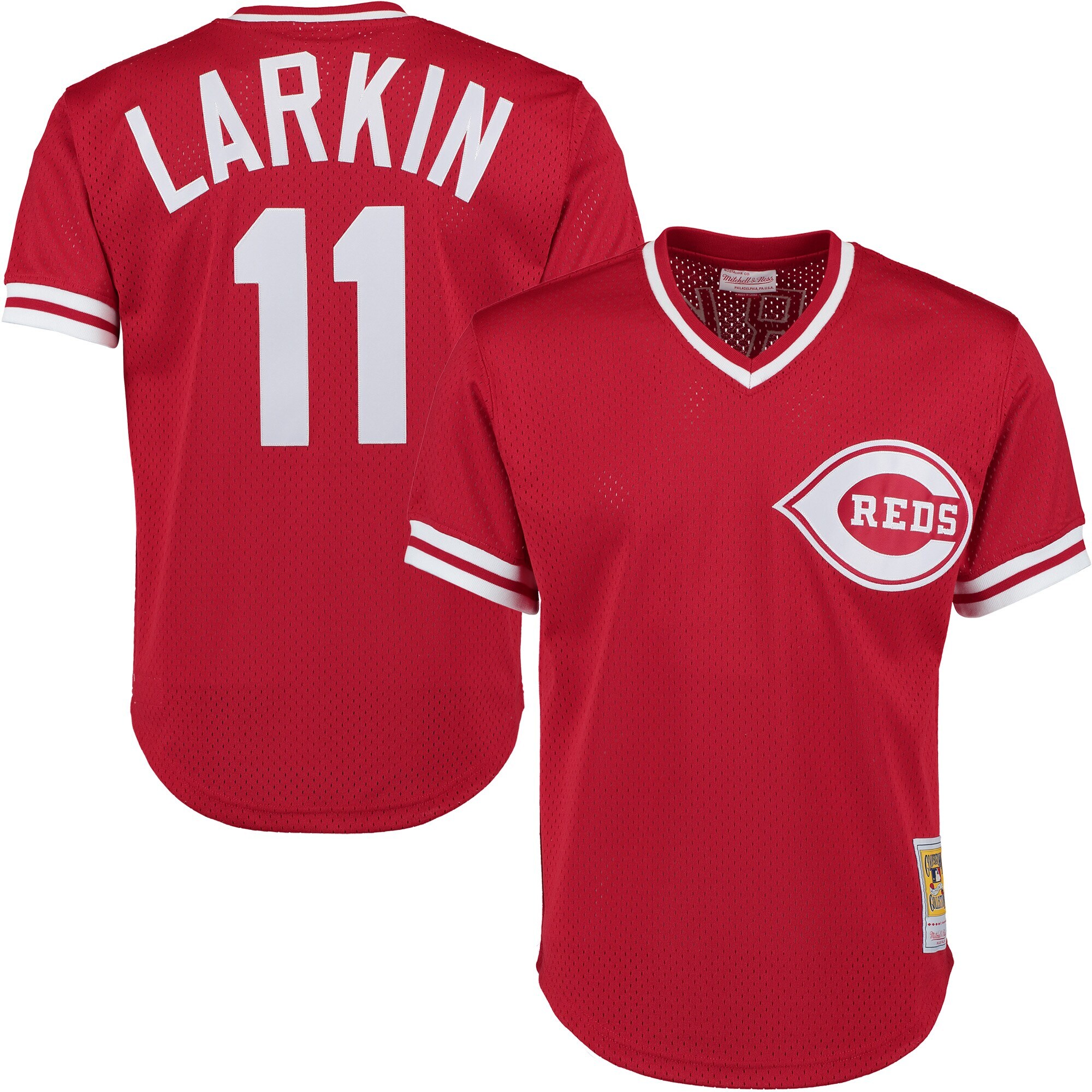 Barry Larkin Cincinnati Reds Mitchell & Ness Cooperstown Collection Mesh Batting Practice Button-Up Jersey - Red - vstockx