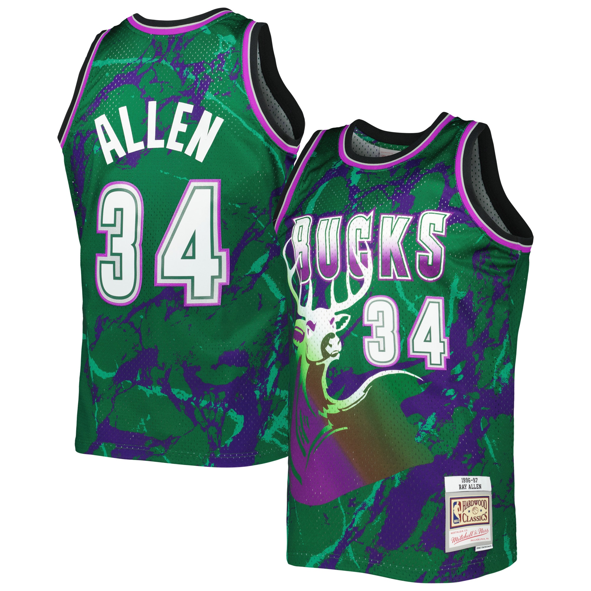 Ray Allen Milwaukee Bucks Mitchell & Ness 1996/97 Hardwood Classics Marble Swingman Jersey - Green - vstockx