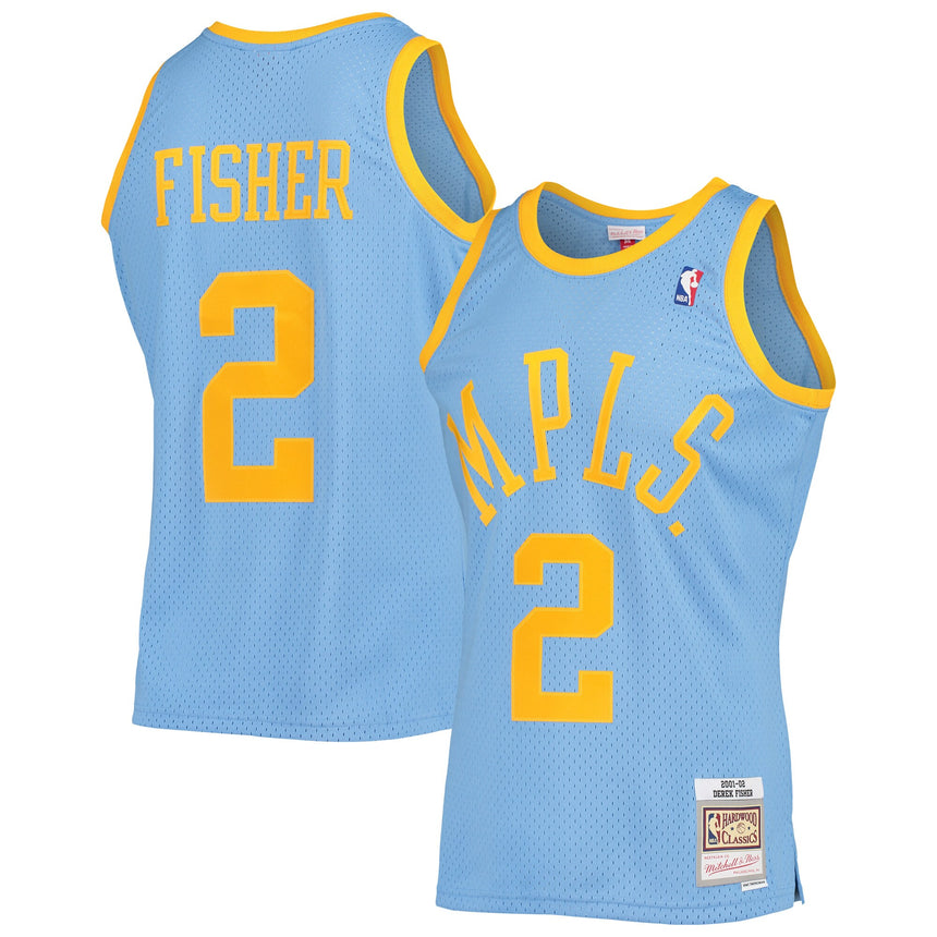 Men's Los Angeles Lakers Derek Fisher Mitchell & Ness Powder Blue 2001-02 Hardwood Classics Swingman Jersey - vstockx
