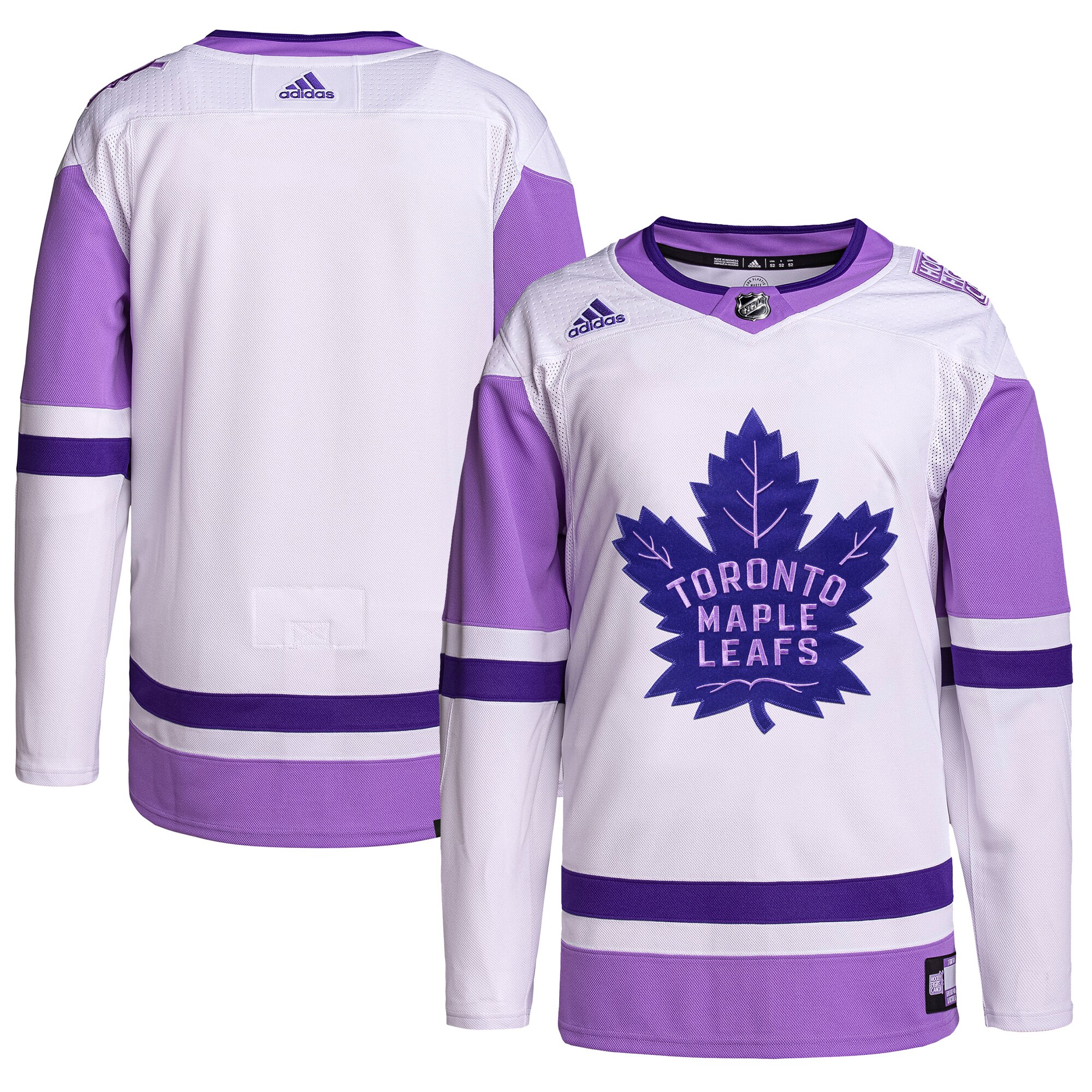 Toronto Maple Leafs adidas Hockey Fights Cancer Primegreen Authentic Blank Practice Jersey - White/Purple - vstockx