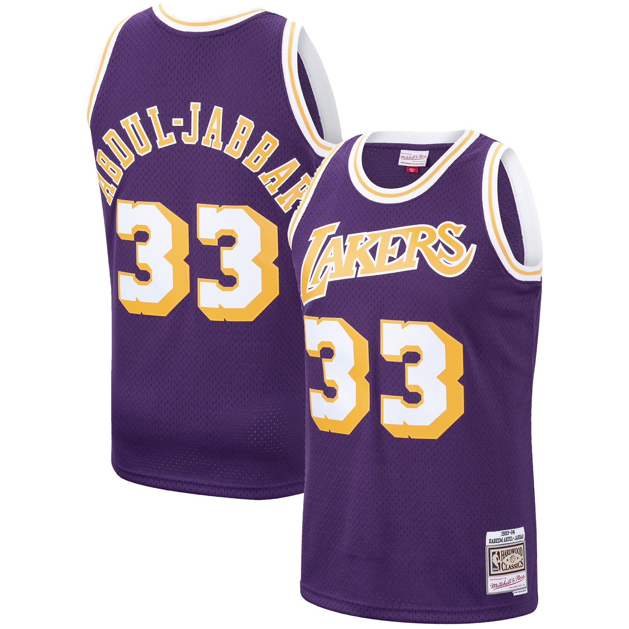 Kareem Abdul-Jabbar Los Angeles Lakers Mitchell & Ness Hardwood Classics Swingman Jersey - Purple - vstockx