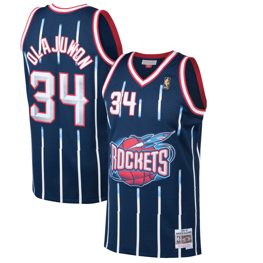 Men's Houston Rockets Hakeem Olajuwon Mitchell & Ness Navy 1996-97 Hardwood Classics Swingman Jersey - vstockx