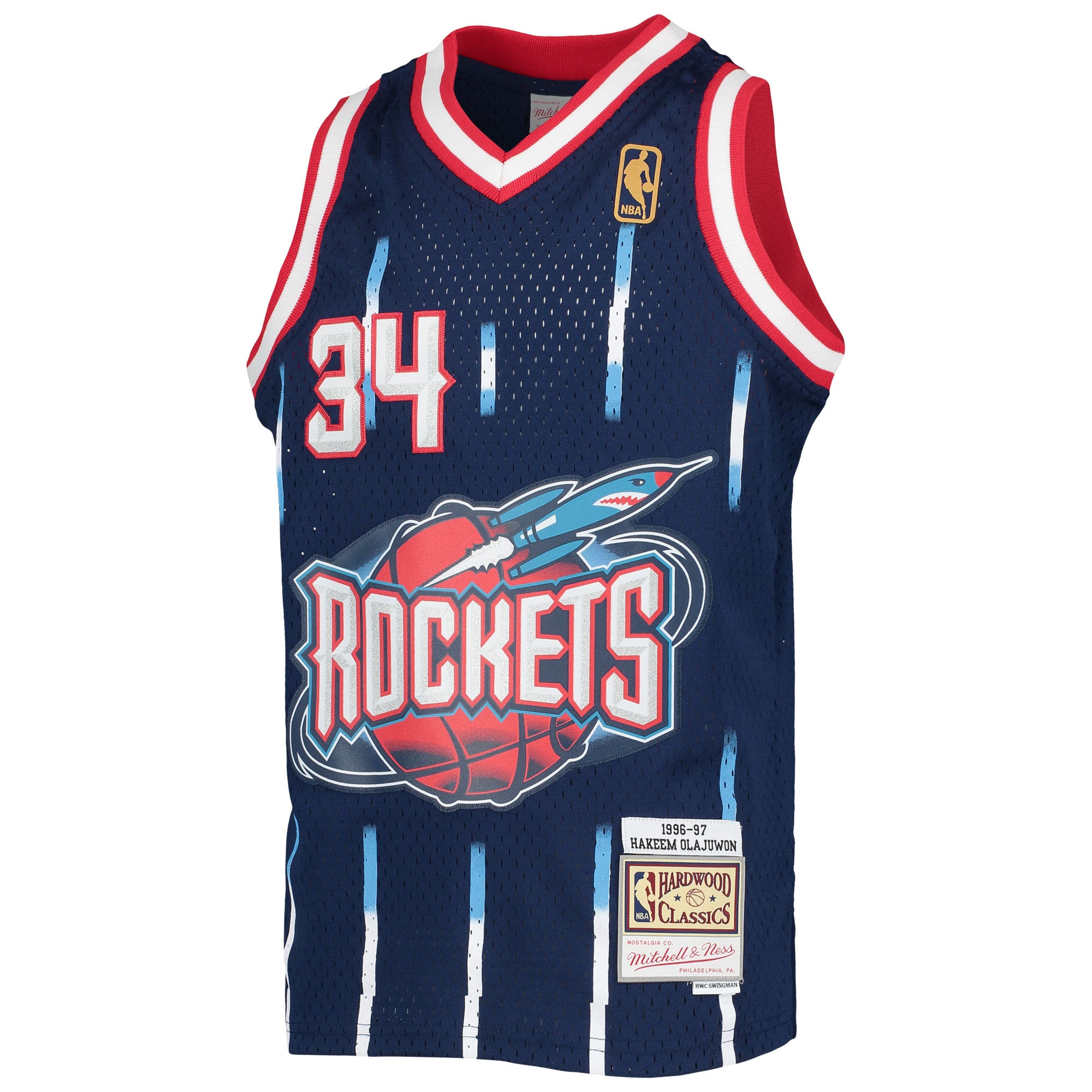 Hakeem Olajuwon Houston Rockets Mitchell & Ness Youth 1996-97 Hardwood Classics Swingman Jersey - Navy - vstockx