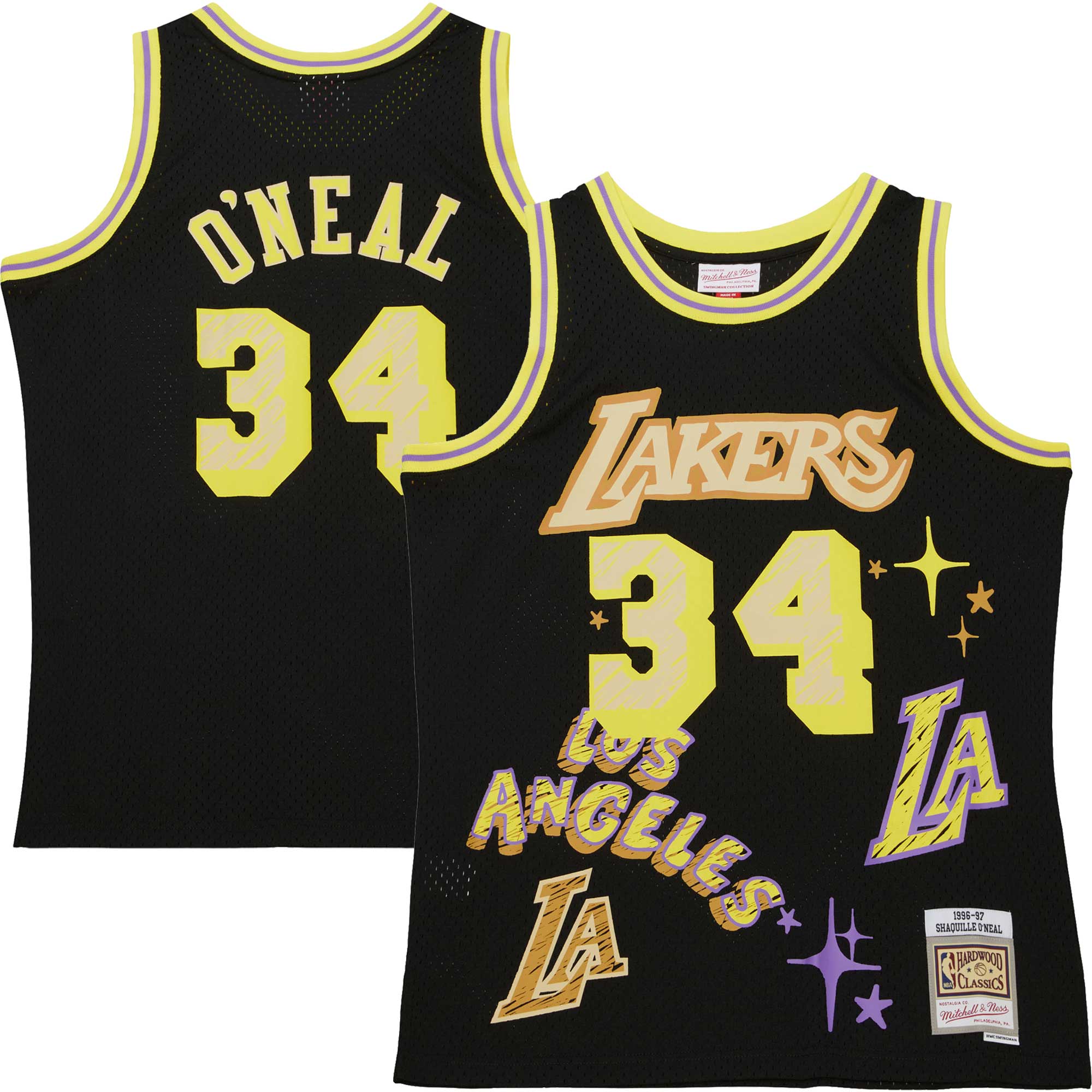 Shaquille O'Neal Los Angeles Lakers Mitchell & Ness 1996/97 Swingman Sidewalk Sketch Jersey - Black - vstockx