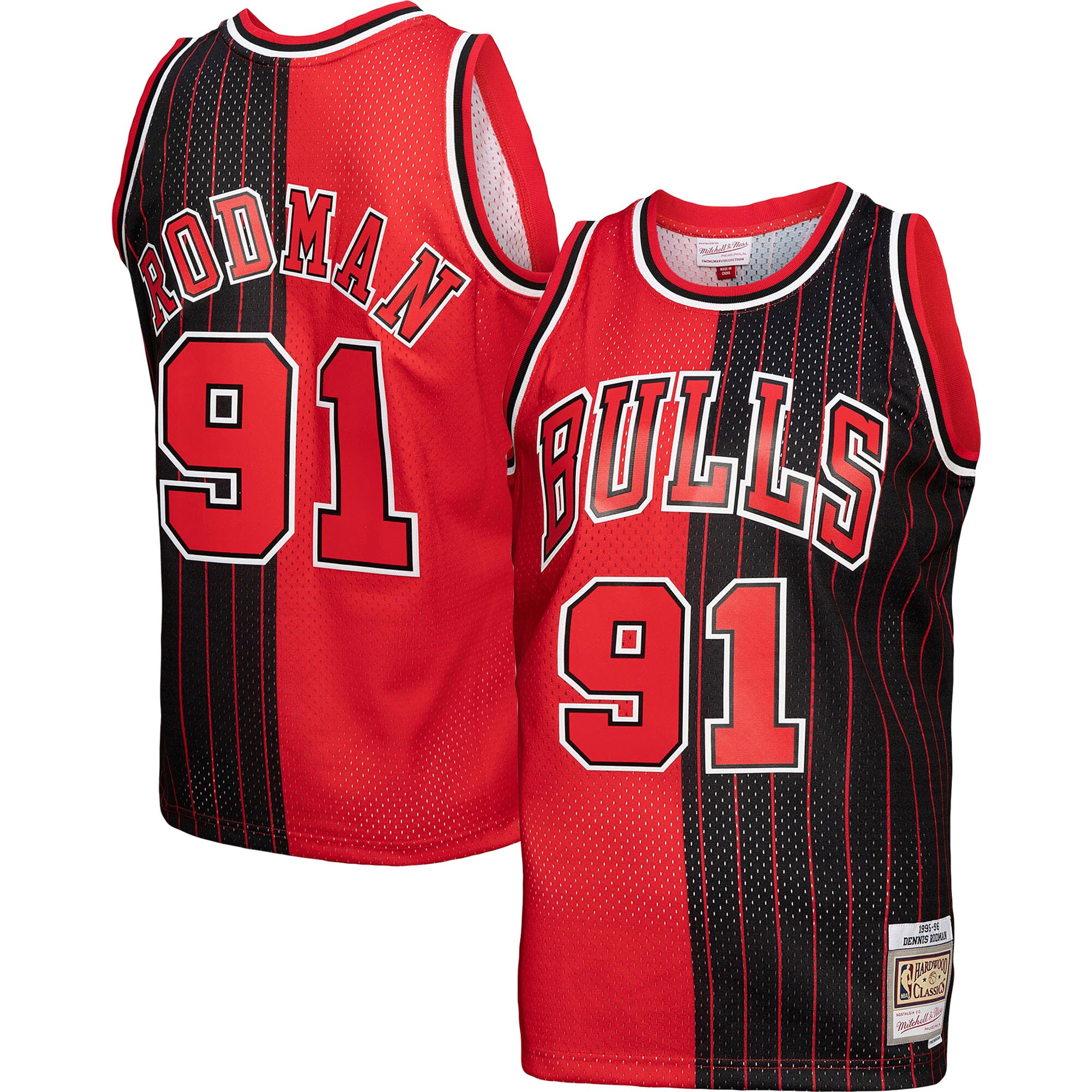Dennis Rodman Chicago Bulls Mitchell & Ness Big & Tall Hardwood Classics 1995/96 Split Swingman Jersey - Red/Black - vstockx