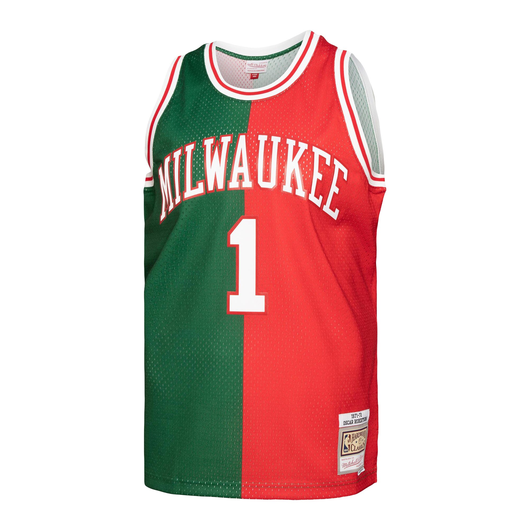 Oscar Robertson Milwaukee Bucks Mitchell & Ness Hardwood Classics 1971/72 Split Swingman Jersey - Green/Red - vstockx