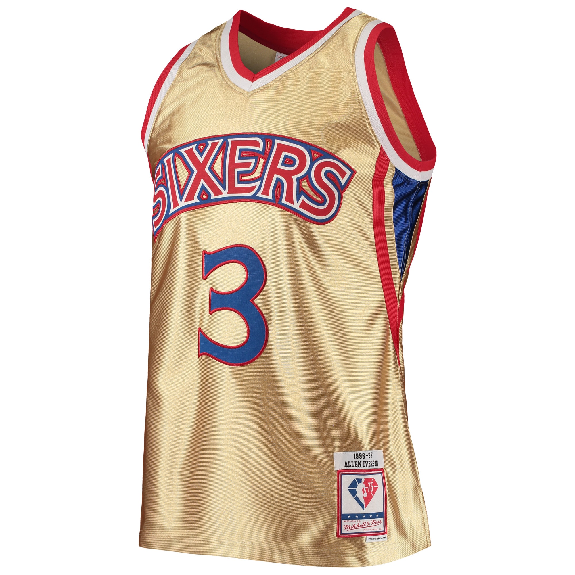 Allen Iverson Philadelphia 76ers Mitchell & Ness 75th Anniversary 1996/97 Hardwood Classics Swingman Jersey - Gold - vstockx