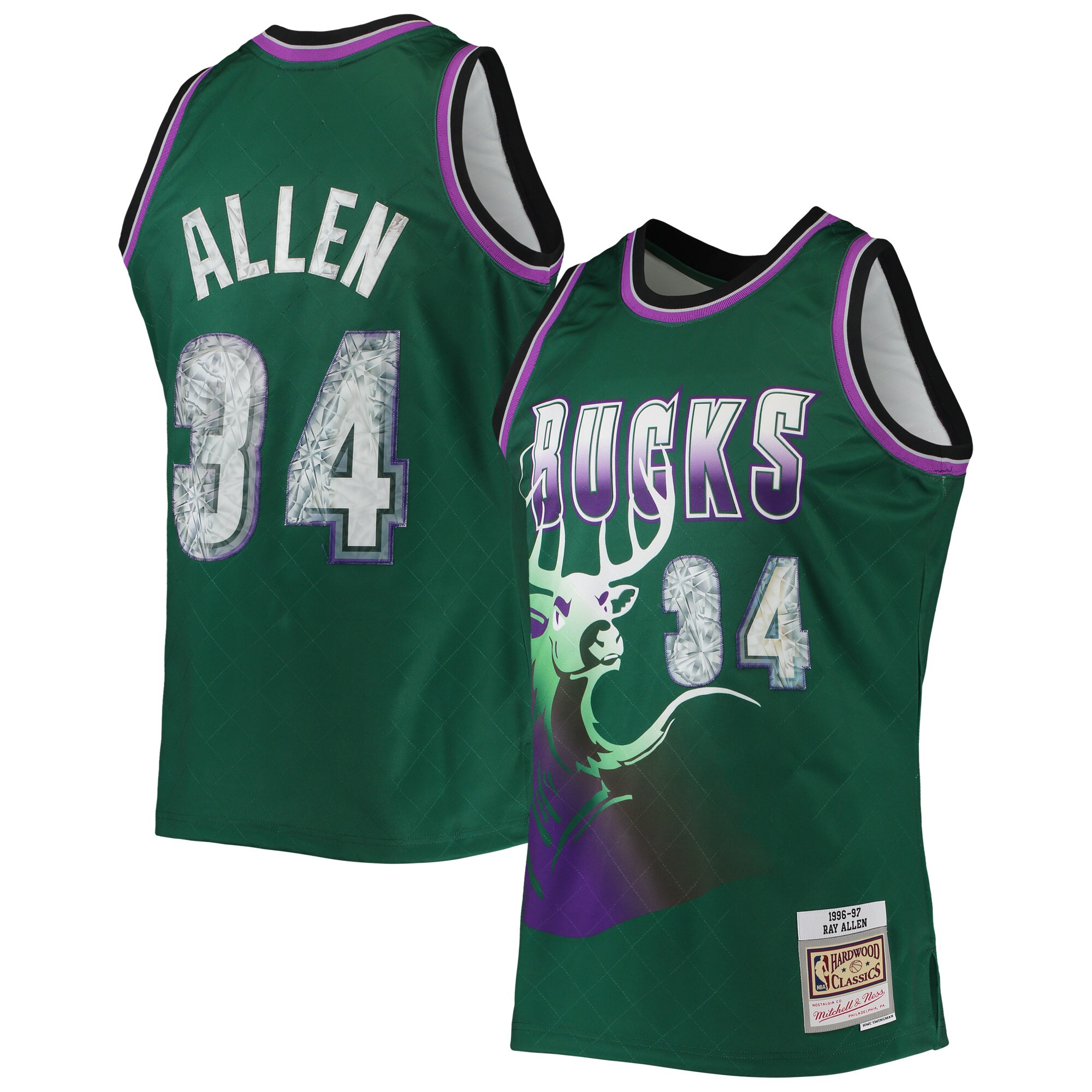 Ray Allen Milwaukee Bucks Mitchell & Ness 1996-97 Hardwood Classics NBA 75th Anniversary Diamond Swingman Jersey - Green - vstockx
