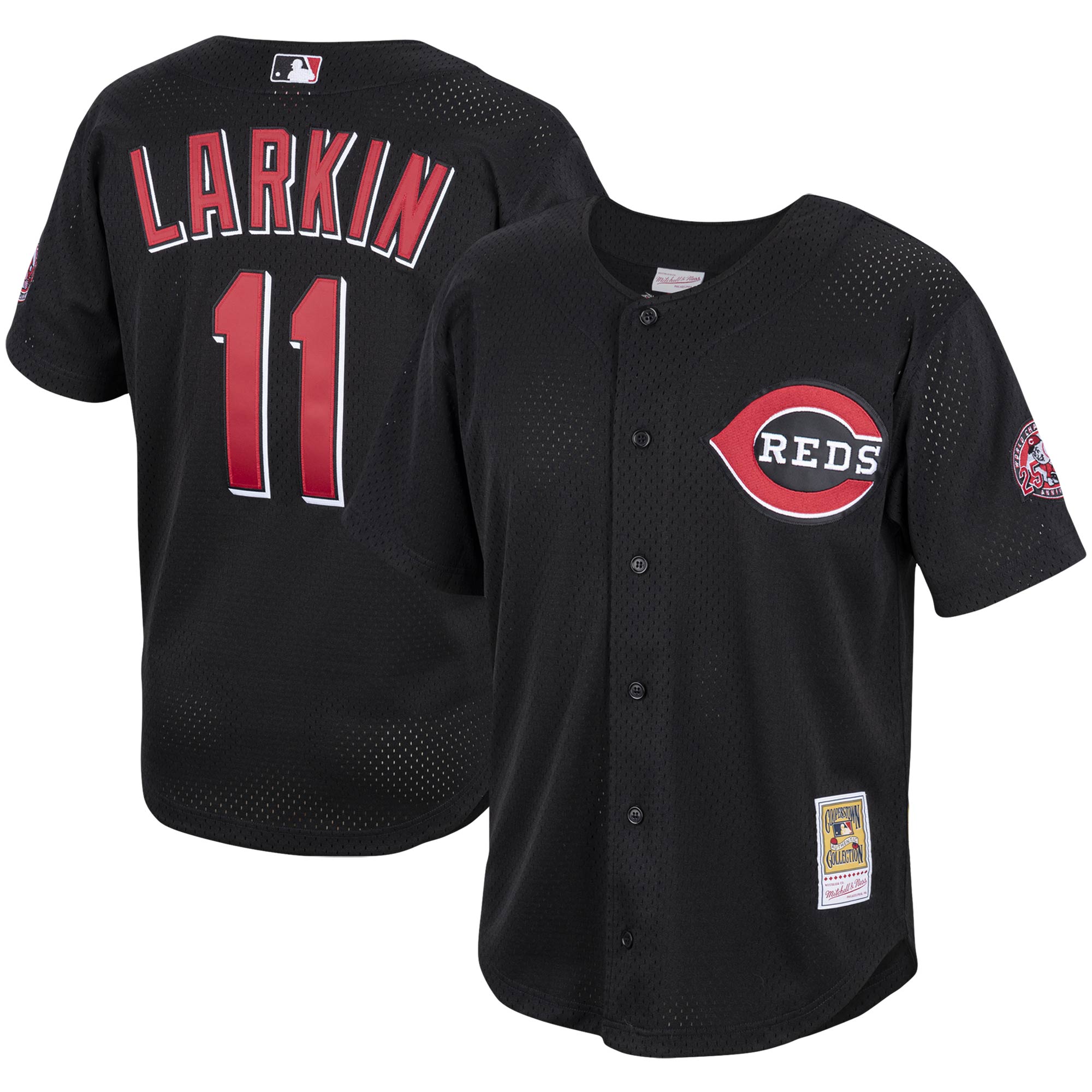 Barry Larkin Cincinnati Reds Mitchell & Ness Cooperstown Collection Mesh Batting Practice Button-Up Jersey - Black - vstockx