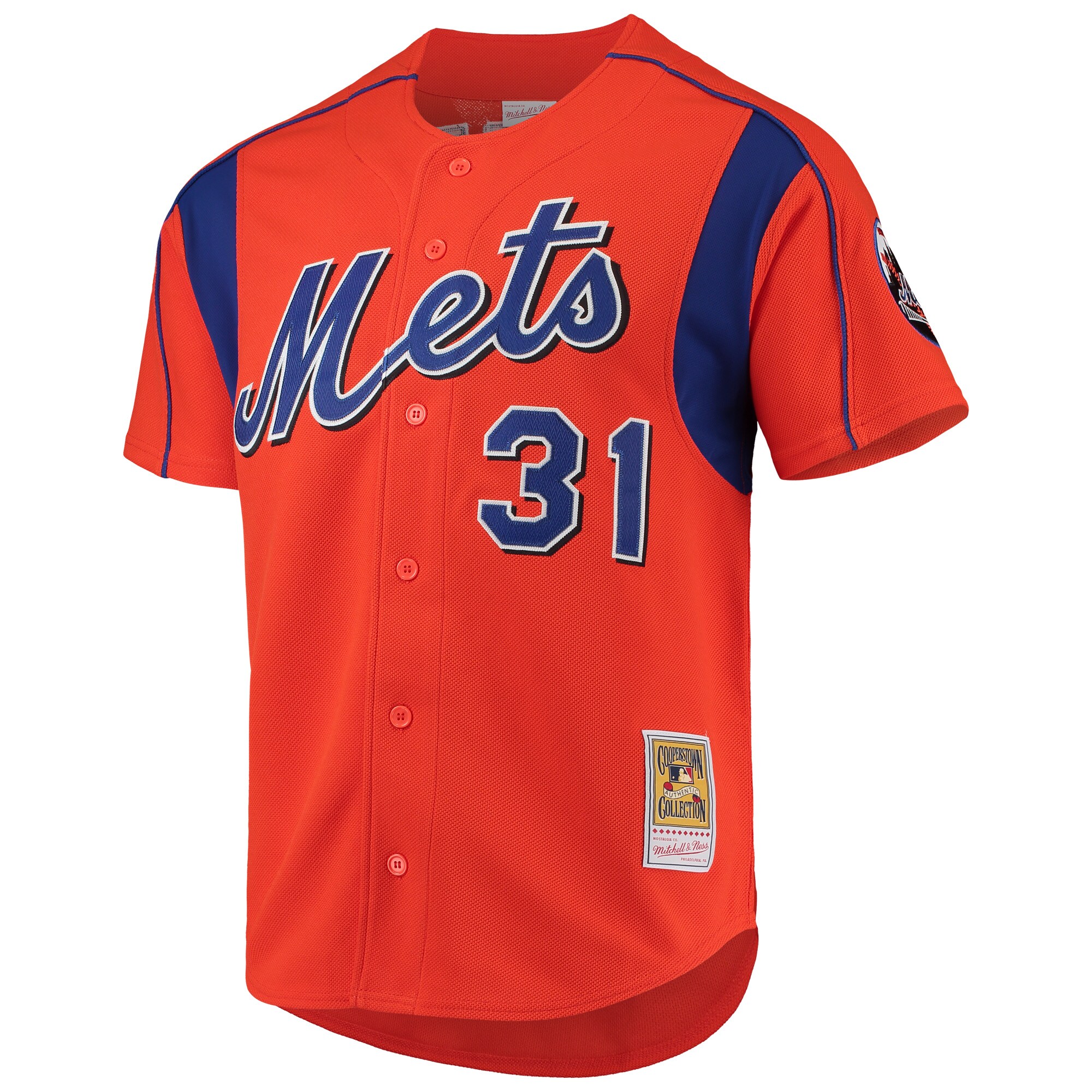 Mike Piazza New York Mets Mitchell & Ness Cooperstown Collection Mesh Batting Practice Button-Up Jersey - Orange - vstockx