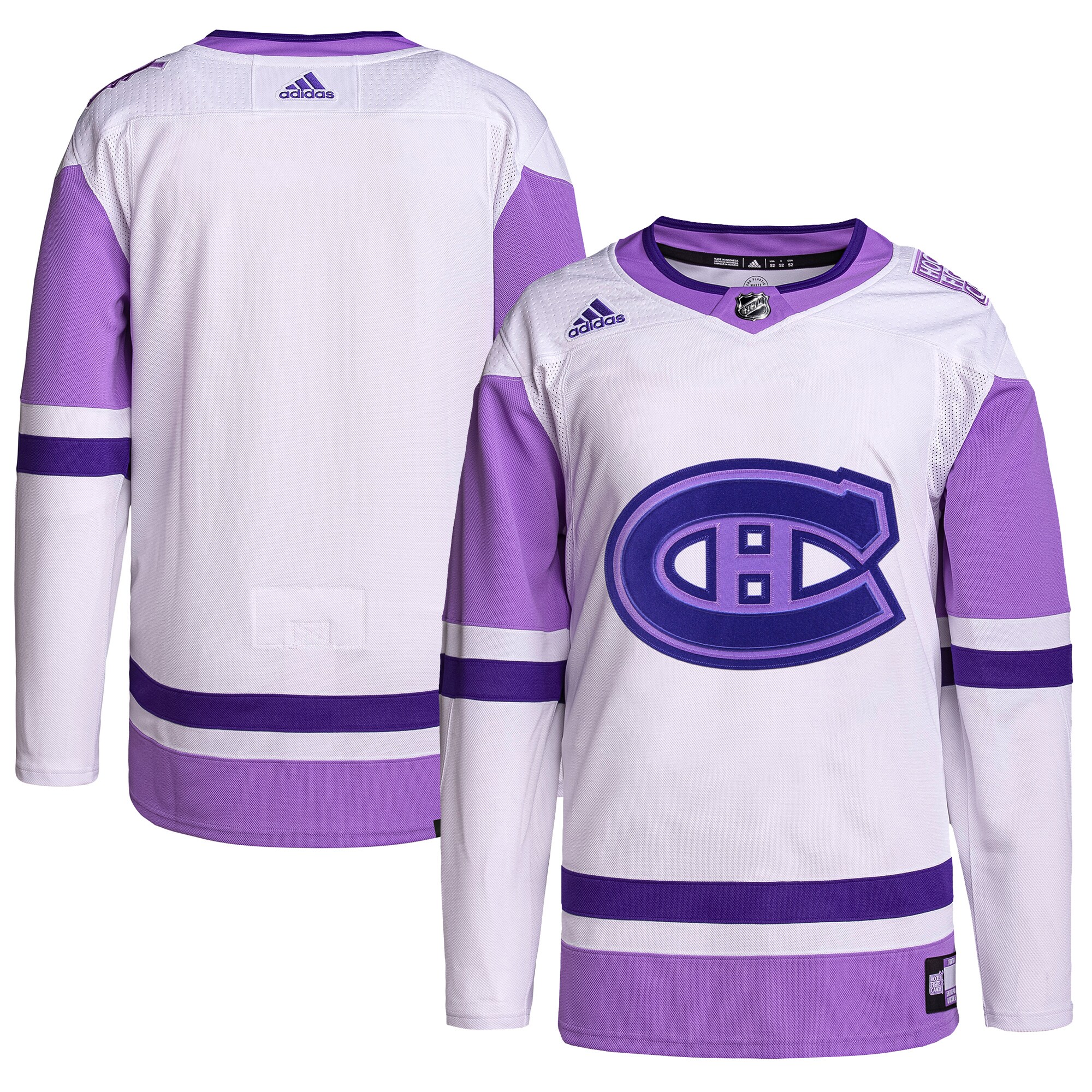 Montreal Canadiens adidas Hockey Fights Cancer Primegreen Authentic Blank Practice Jersey - White/Purple - vstockx