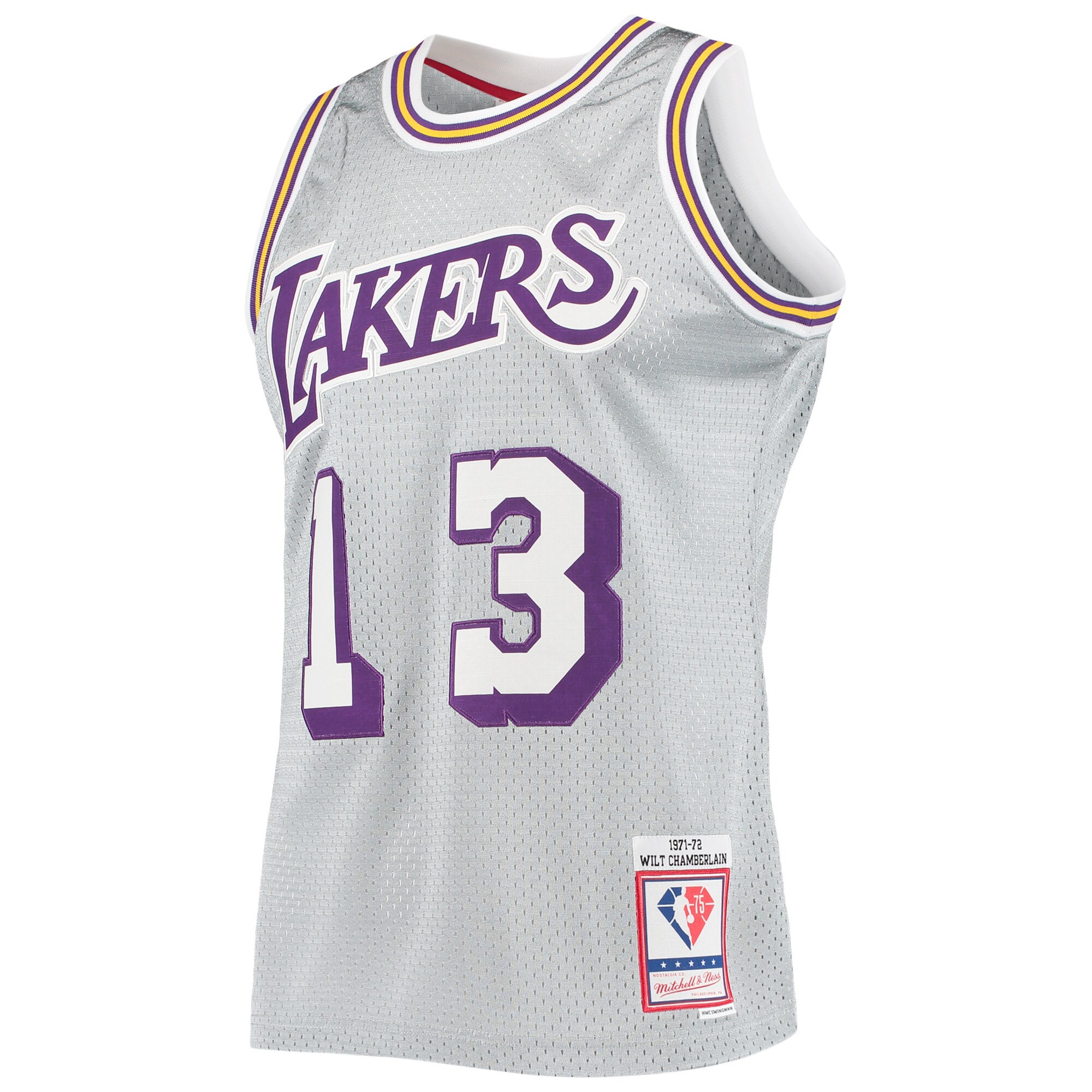 Wilt Chamberlain Los Angeles Lakers Mitchell & Ness 75th Anniversary 1971/72 Hardwood Classics Swingman Jersey - Silver - vstockx