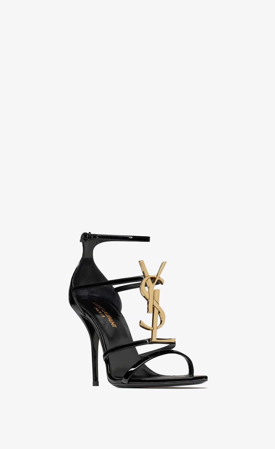 SAINT LAURENT CASSANDRA SANDALS IN PATENT LEATHER NOIR - vstockx
