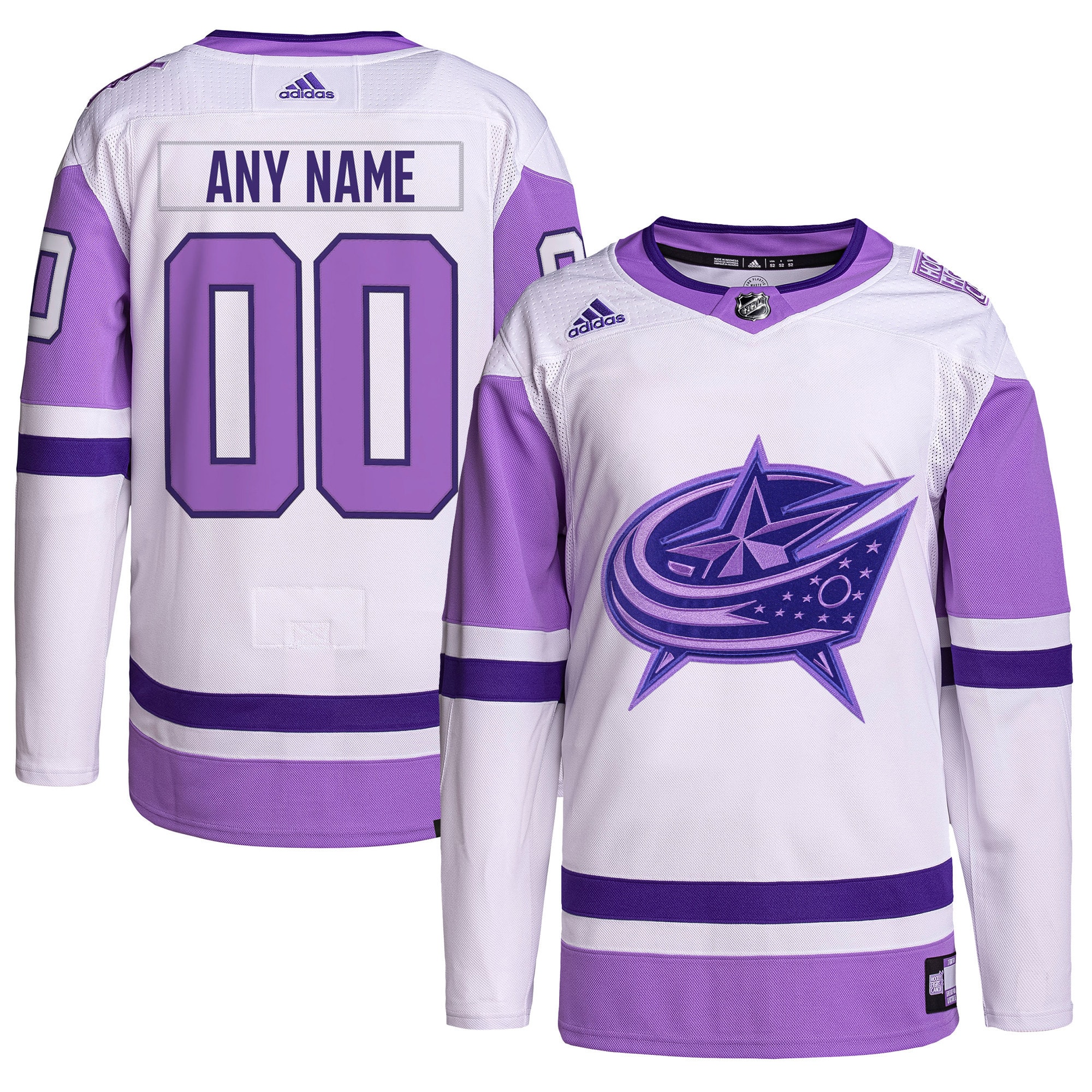 Columbus Blue Jackets adidas Hockey Fights Cancer Primegreen Authentic Custom Jersey - White/Purple - vstockx