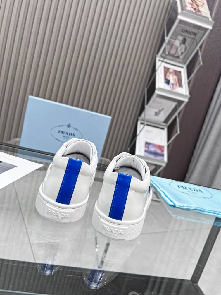 Prada Brushed Sneakers Leather White White Cobalt Blue - vstockx