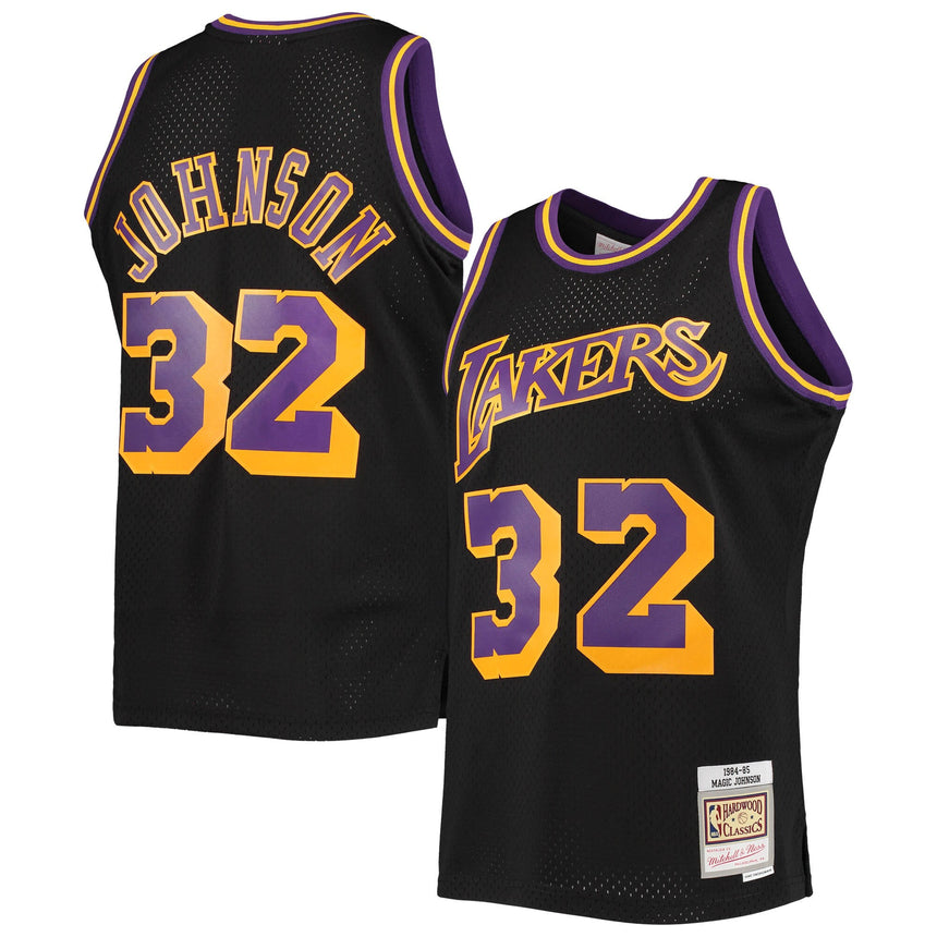 Men's Magic Johnson Los Angeles Lakers Mitchell & Ness 1984-85 Hardwood Classics Reload 2.0 Swingman Jersey - Black - vstockx