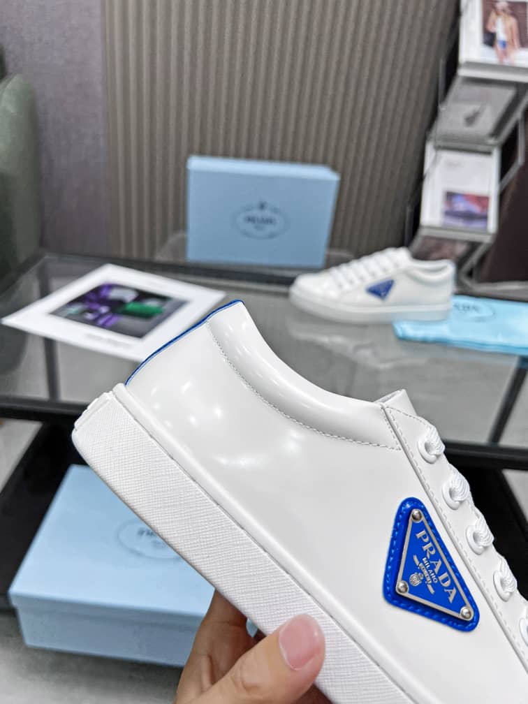 Prada Brushed Sneakers Leather White White Cobalt Blue - vstockx