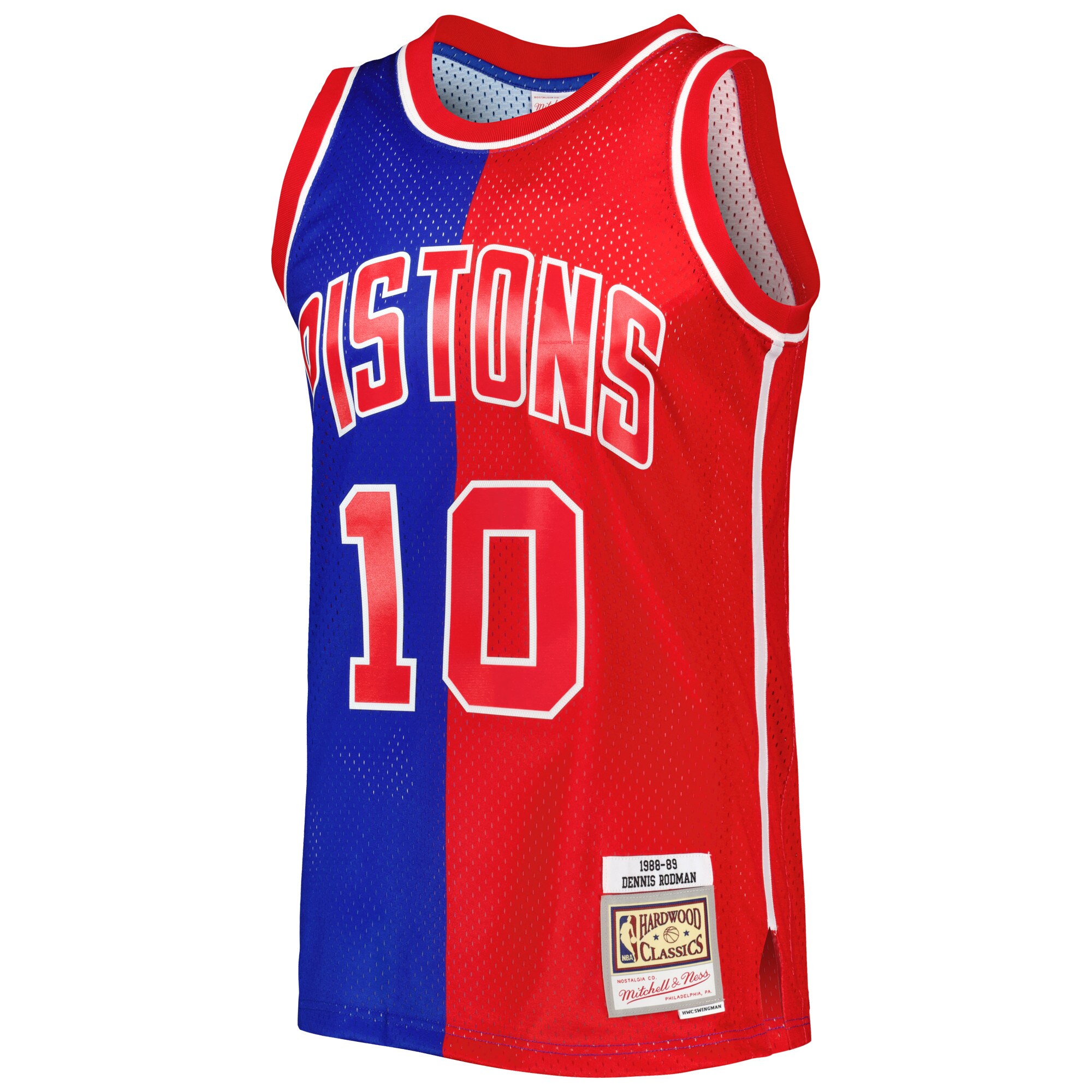 Dennis Rodman Detroit Pistons Mitchell & Ness Hardwood Classics 1988/89 Split Swingman Jersey - Blue/Red - vstockx