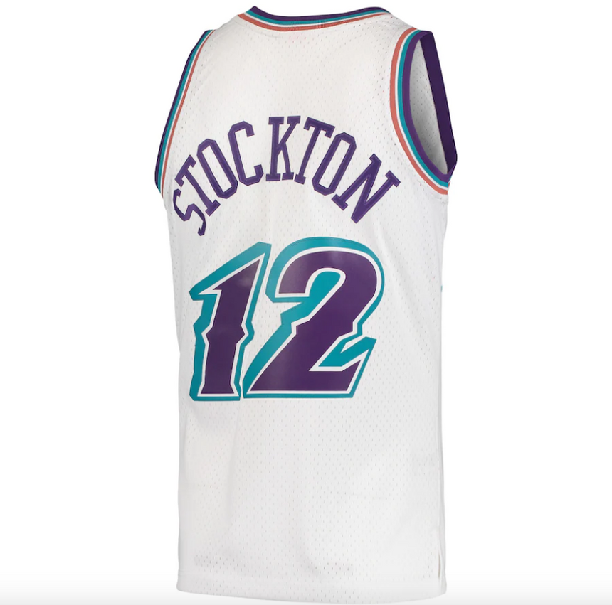 Men's Mitchell & Ness John Stockton Utah Jazz White 1996-97 Hardwood Classics Swingman Jersey - vstockx