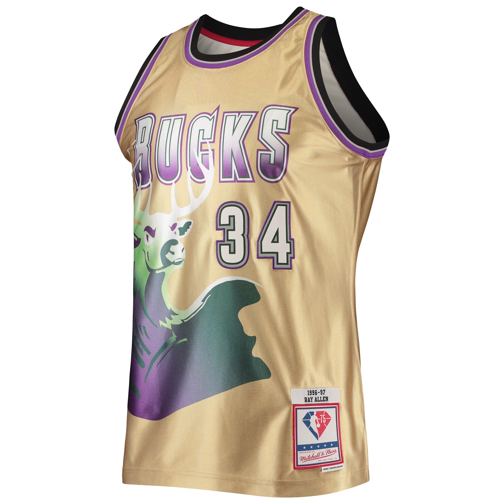 Ray Allen Milwaukee Bucks Mitchell & Ness 75th Anniversary 1996/97 Hardwood Classics Swingman Jersey - Gold - vstockx