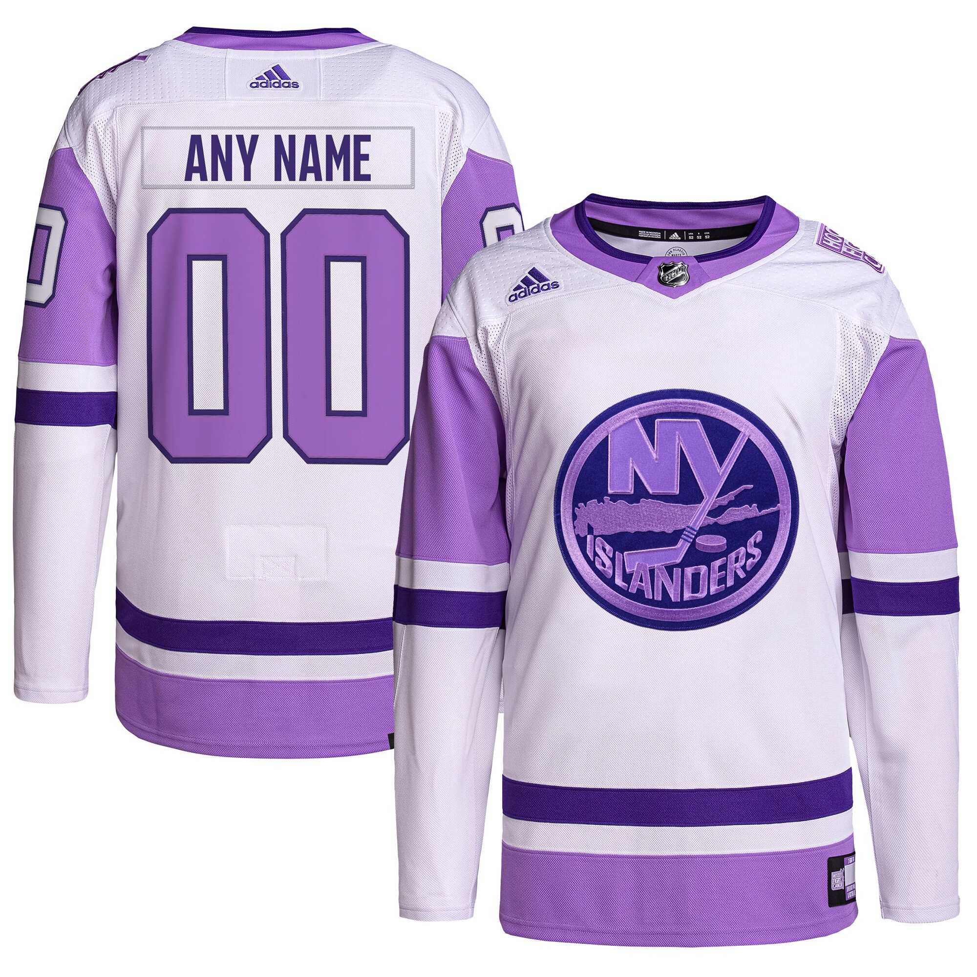 New York Islanders adidas Hockey Fights Cancer Primegreen Authentic Custom Jersey - White/Purple - vstockx
