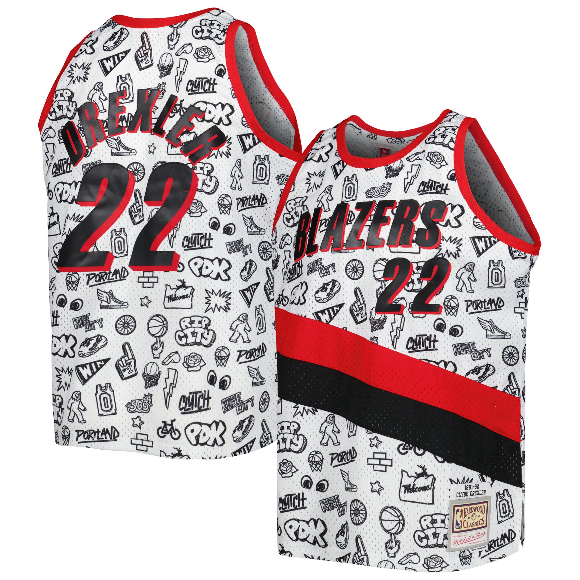 Clyde Drexler Portland Trail Blazers Mitchell & Ness 1991/92 Hardwood Classics Doodle Swingman Player Jersey - White - vstockx