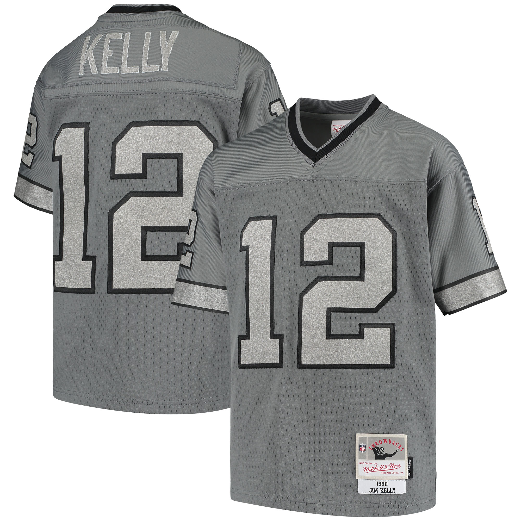 Jim Kelly Buffalo Bills Mitchell & Ness Youth 1990 Retired Player Metal Replica Jersey - Charcoal - vstockx
