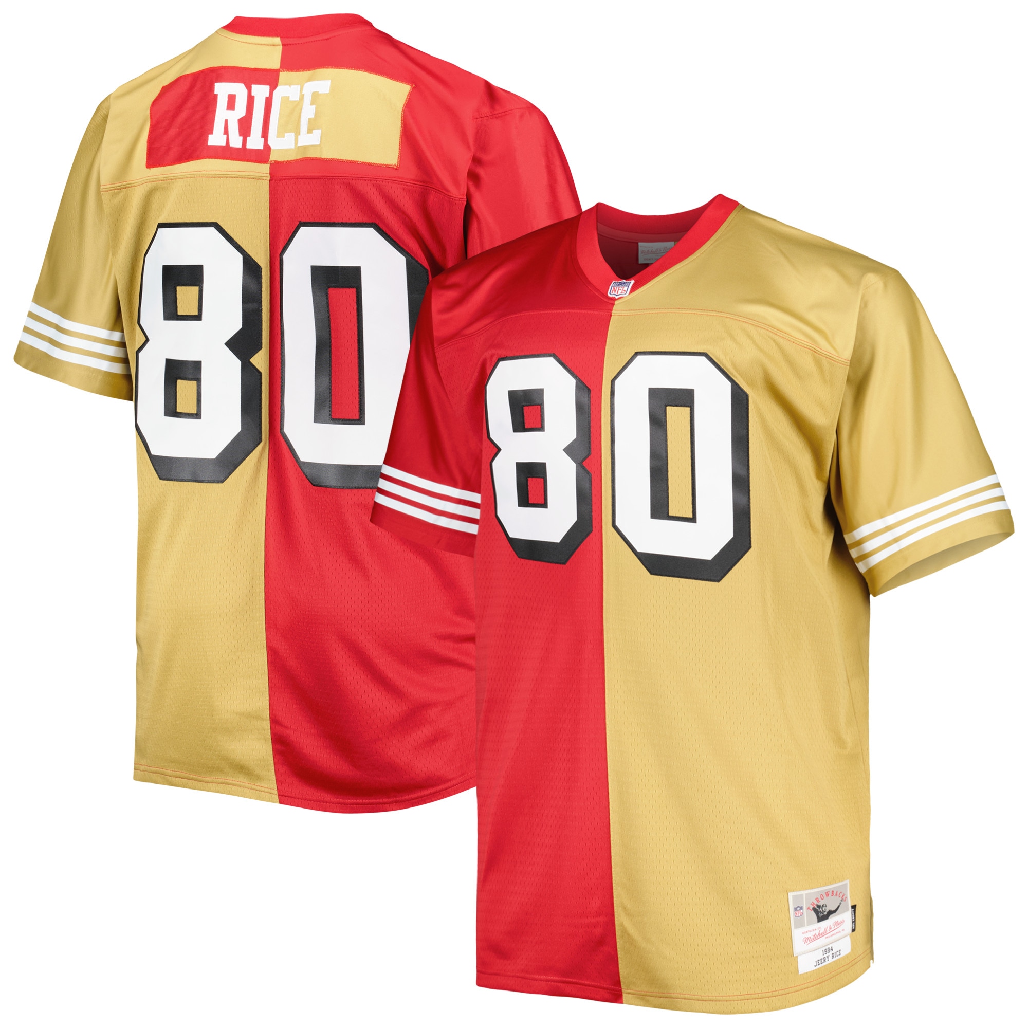 Jerry Rice San Francisco 49ers Mitchell & Ness Big & Tall Split Legacy Retired Player Replica Jersey - Scarlet/Gold - vstockx