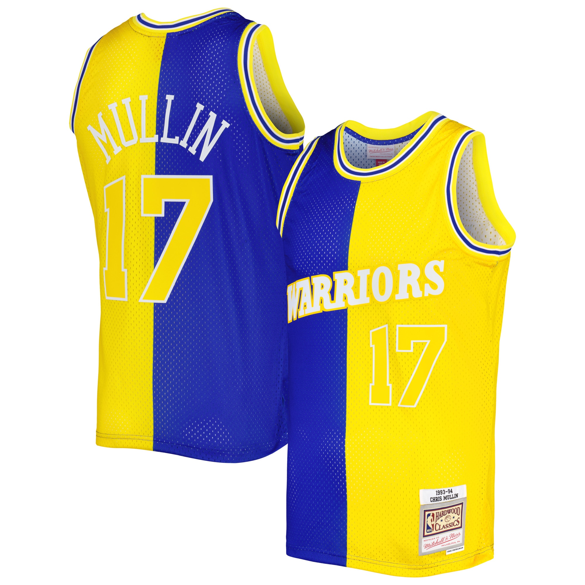 Chris Mullin Golden State Warriors Mitchell & Ness Hardwood Classics 1993/94 Split Swingman Jersey - Royal/Gold - vstockx
