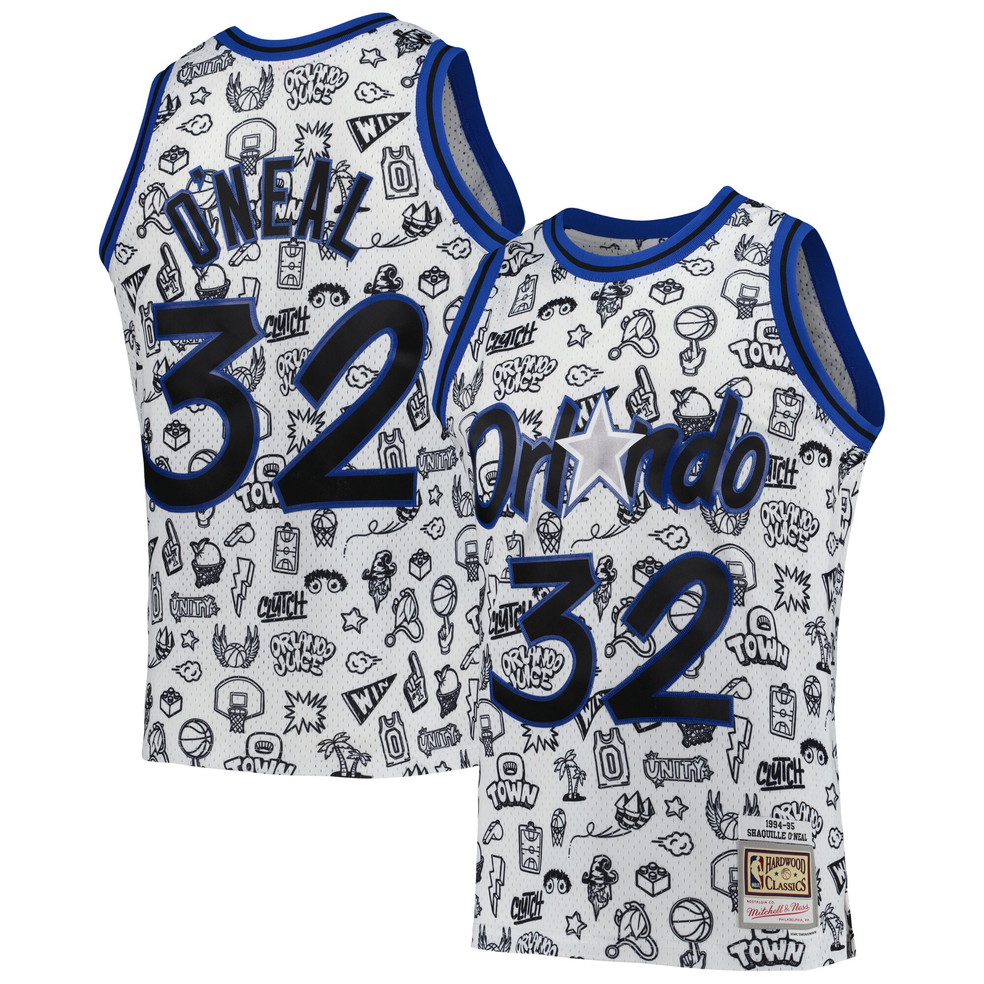 Shaquille O'Neal Orlando Magic Mitchell & Ness 1994/95 Hardwood Classics Doodle Swingman Player Jersey - White - vstockx