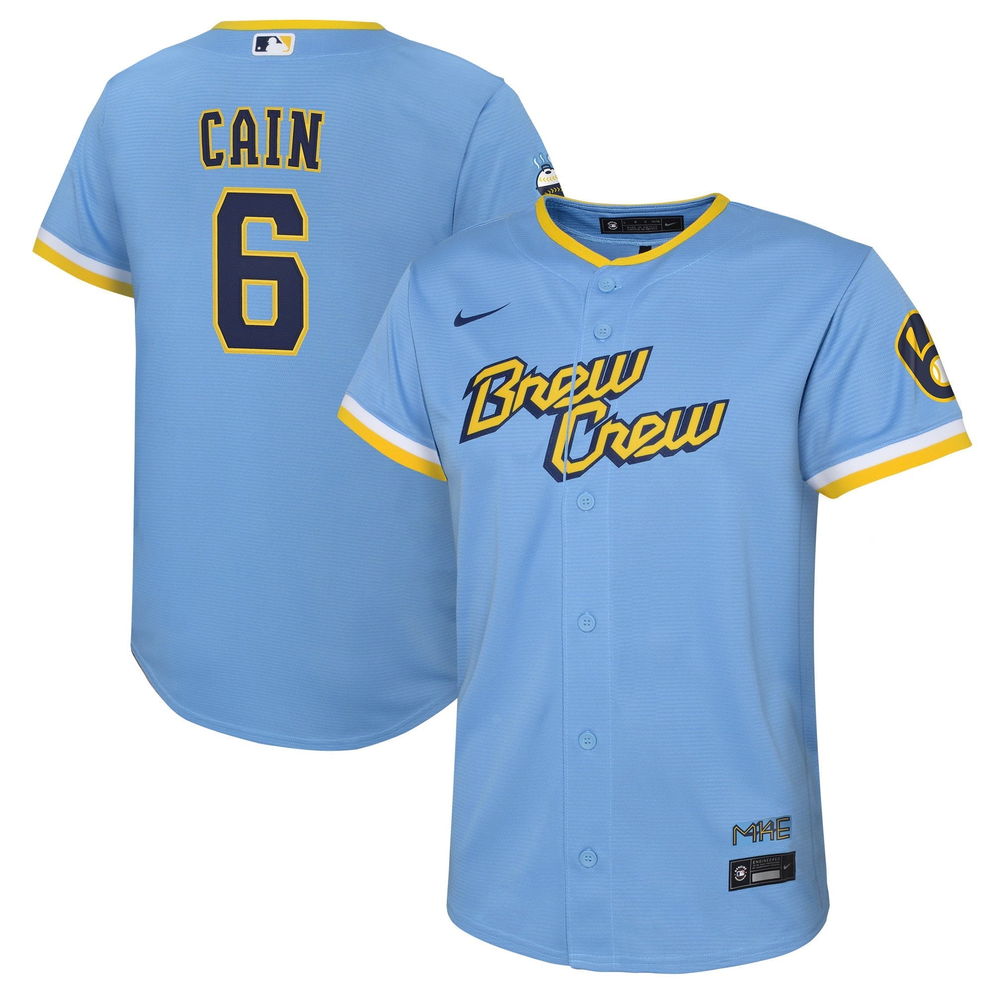 Youth Nike Lorenzo Cain Powder Blue Milwaukee Brewers 2022 City Connect Replica Player Jersey - vstockx