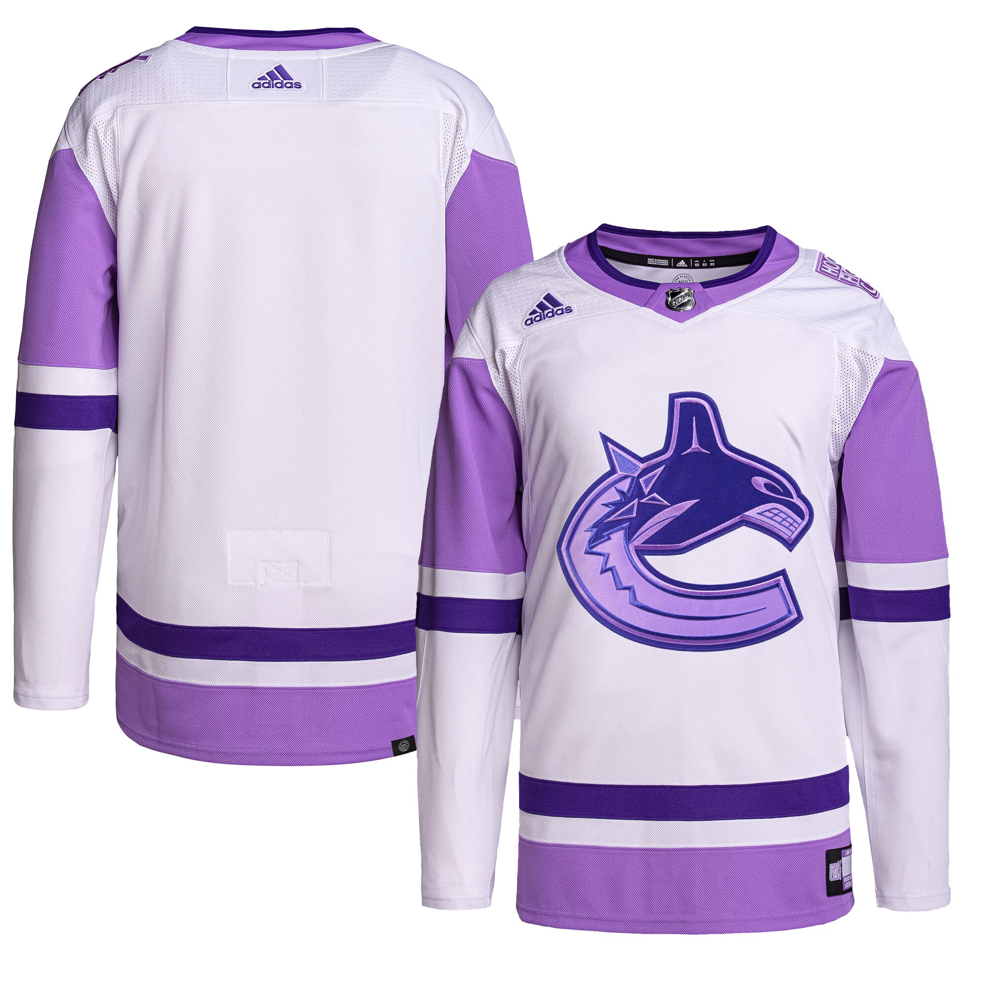 Vancouver Canucks adidas Hockey Fights Cancer Primegreen Authentic Blank Practice Jersey - White/Purple - vstockx