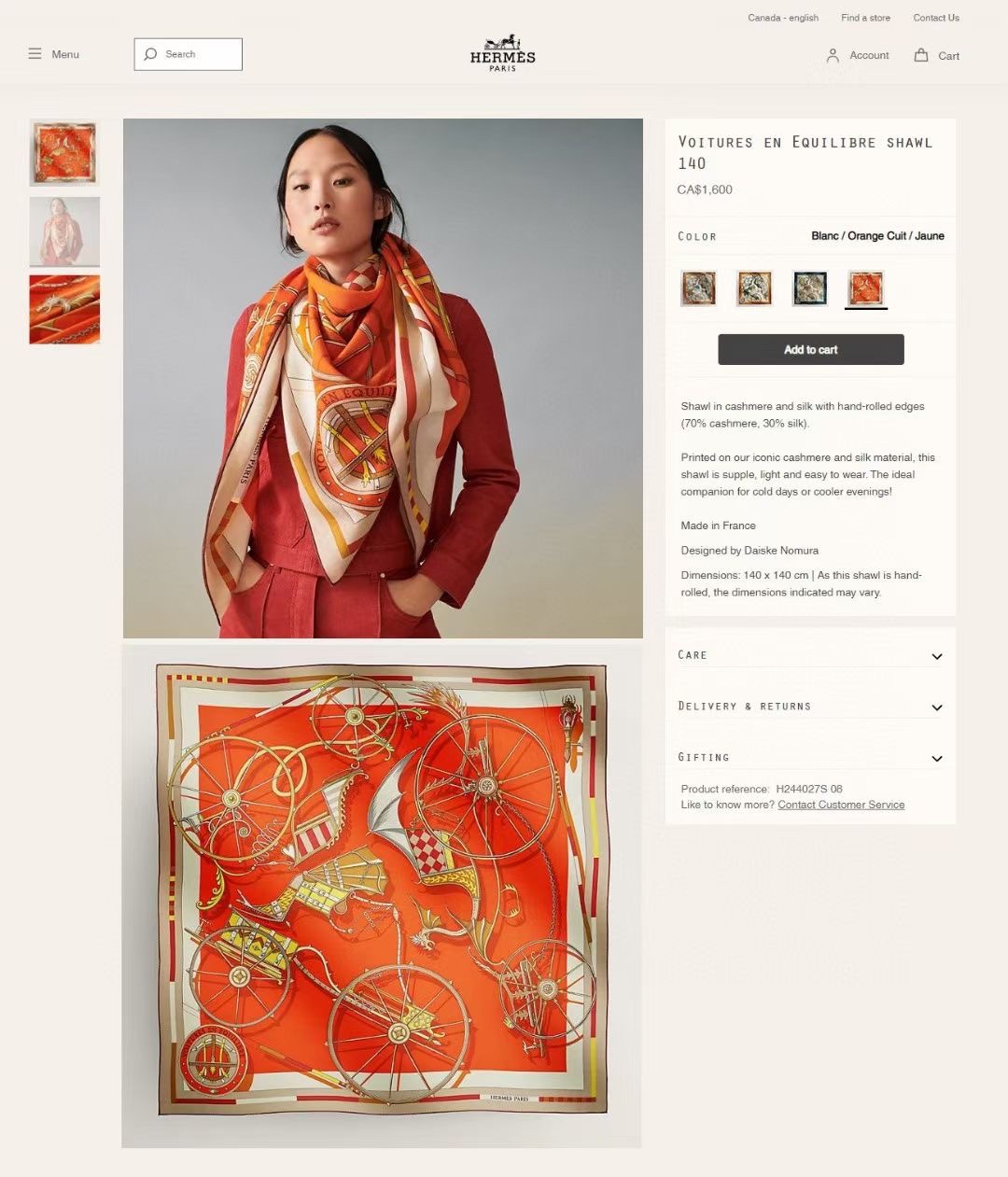 Streetwear Scarf Hermes 328800 SIZE:140cm*140cm - vstockx