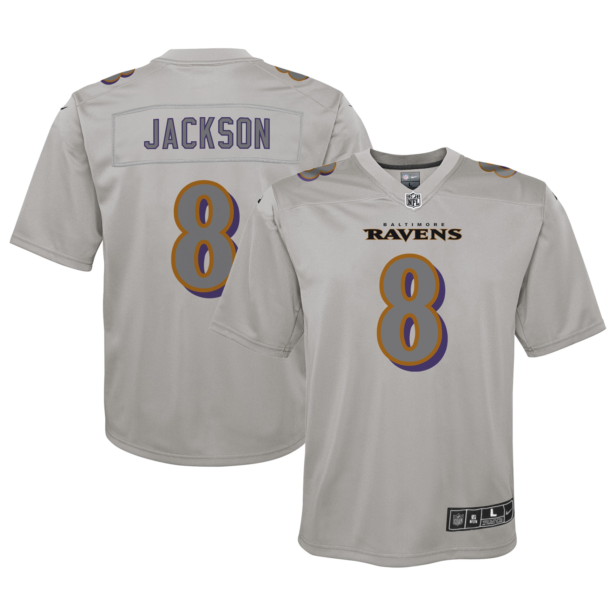Lamar Jackson Baltimore Ravens Nike Youth Atmosphere Fashion Game Jersey - Gray - vstockx