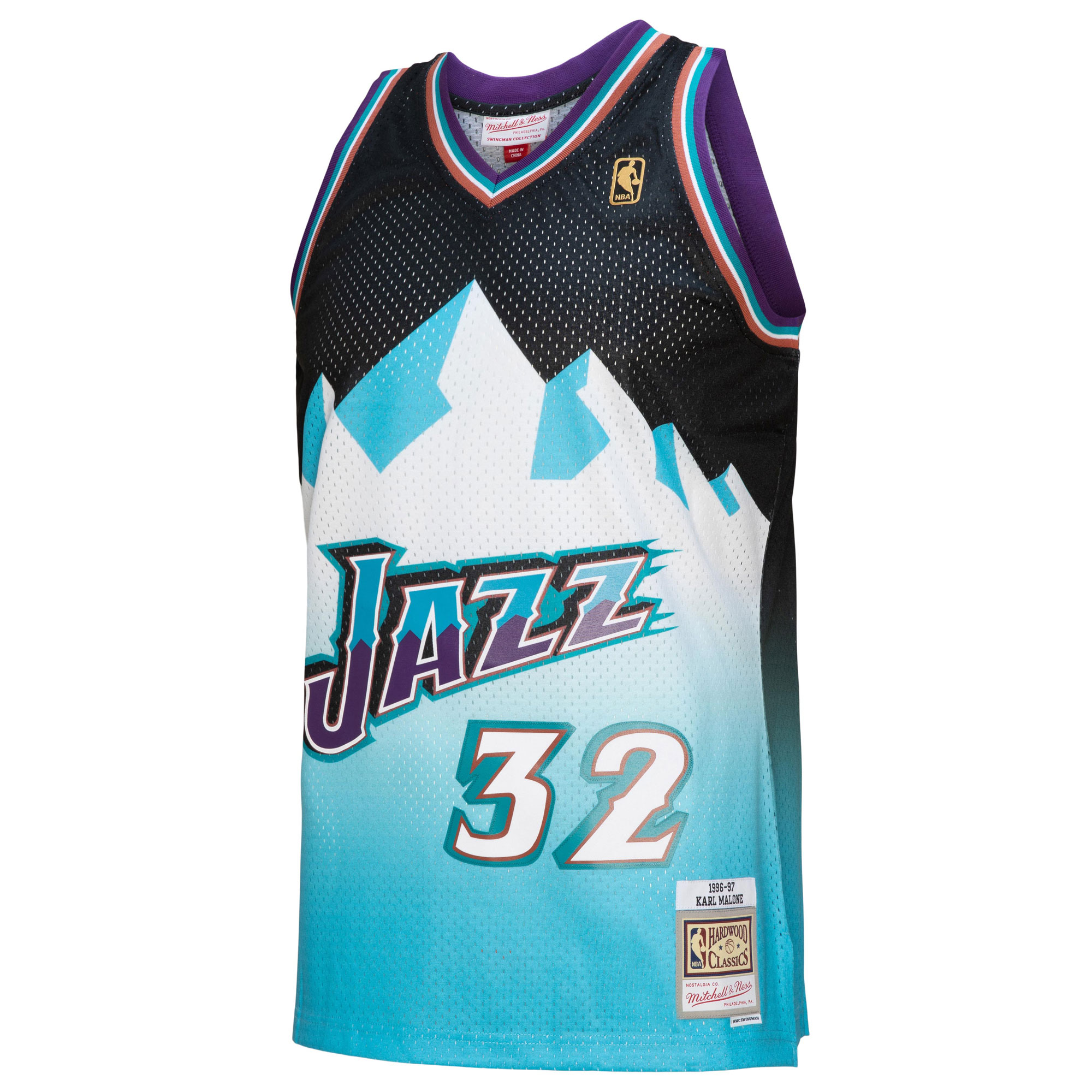 Karl Malone Utah Jazz Mitchell & Ness 1996/97 Hardwood Classics Fadeaway Swingman Player Jersey - Black/Light Blue - vstockx