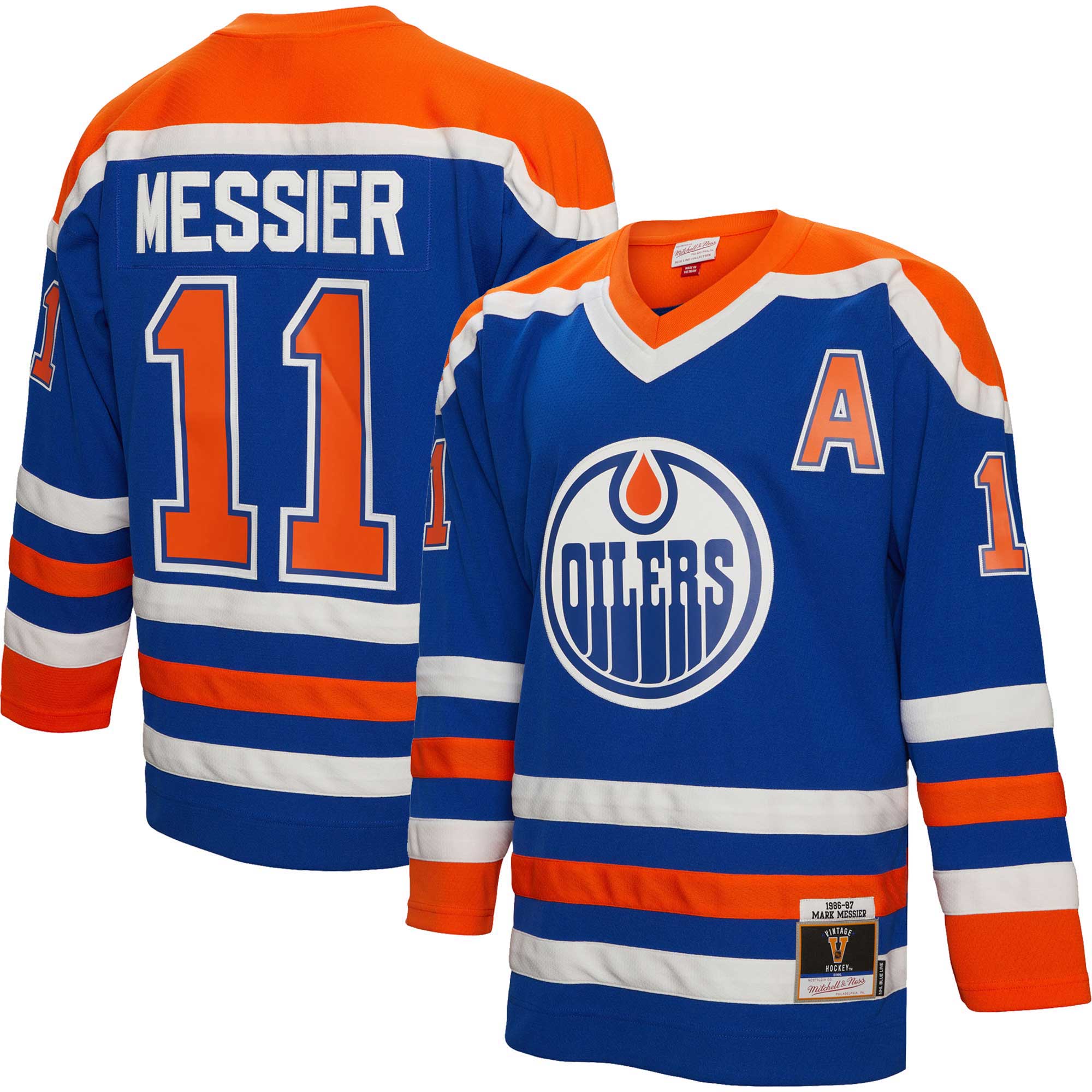 Mark Messier Edmonton Oilers Mitchell & Ness 1986/87 Alternate Captain Patch Blue Line Player Jersey - Royal - vstockx