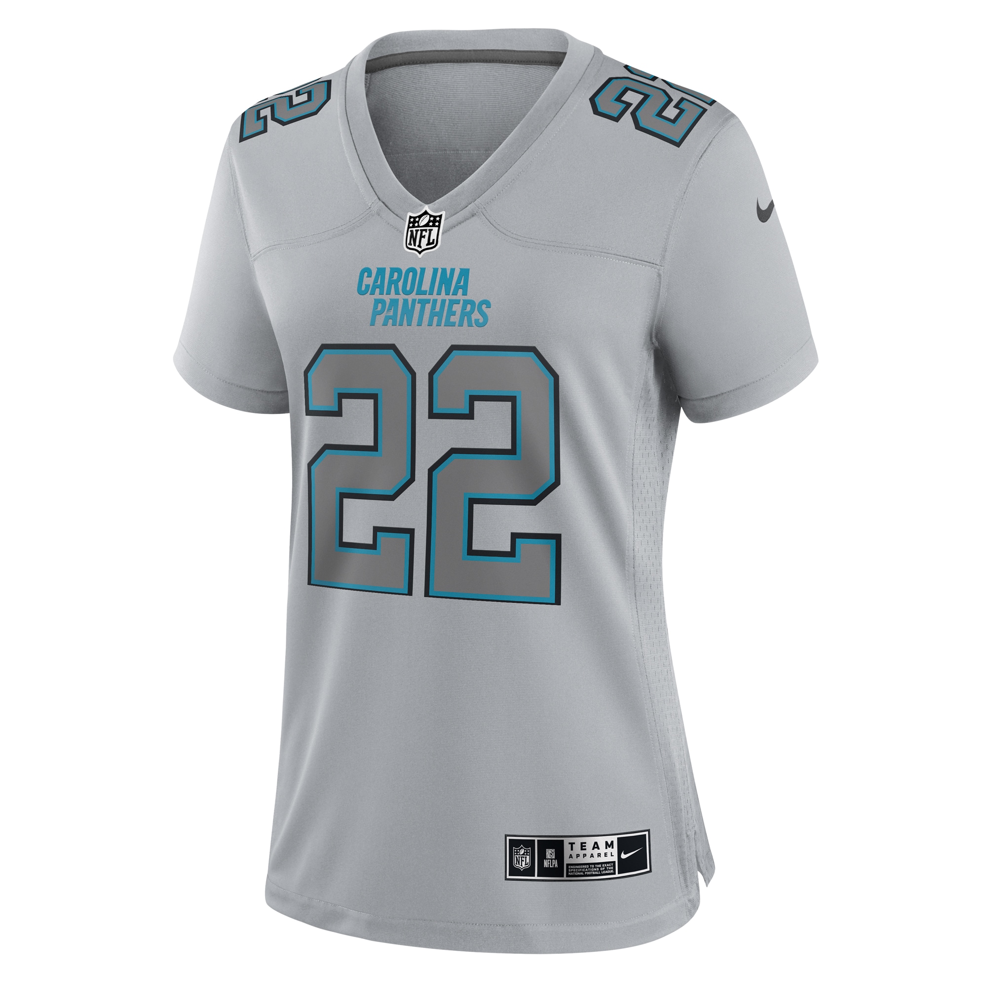 Christian McCaffrey Carolina Panthers Nike Women's Atmosphere Fashion Game Jersey - Gray - vstockx