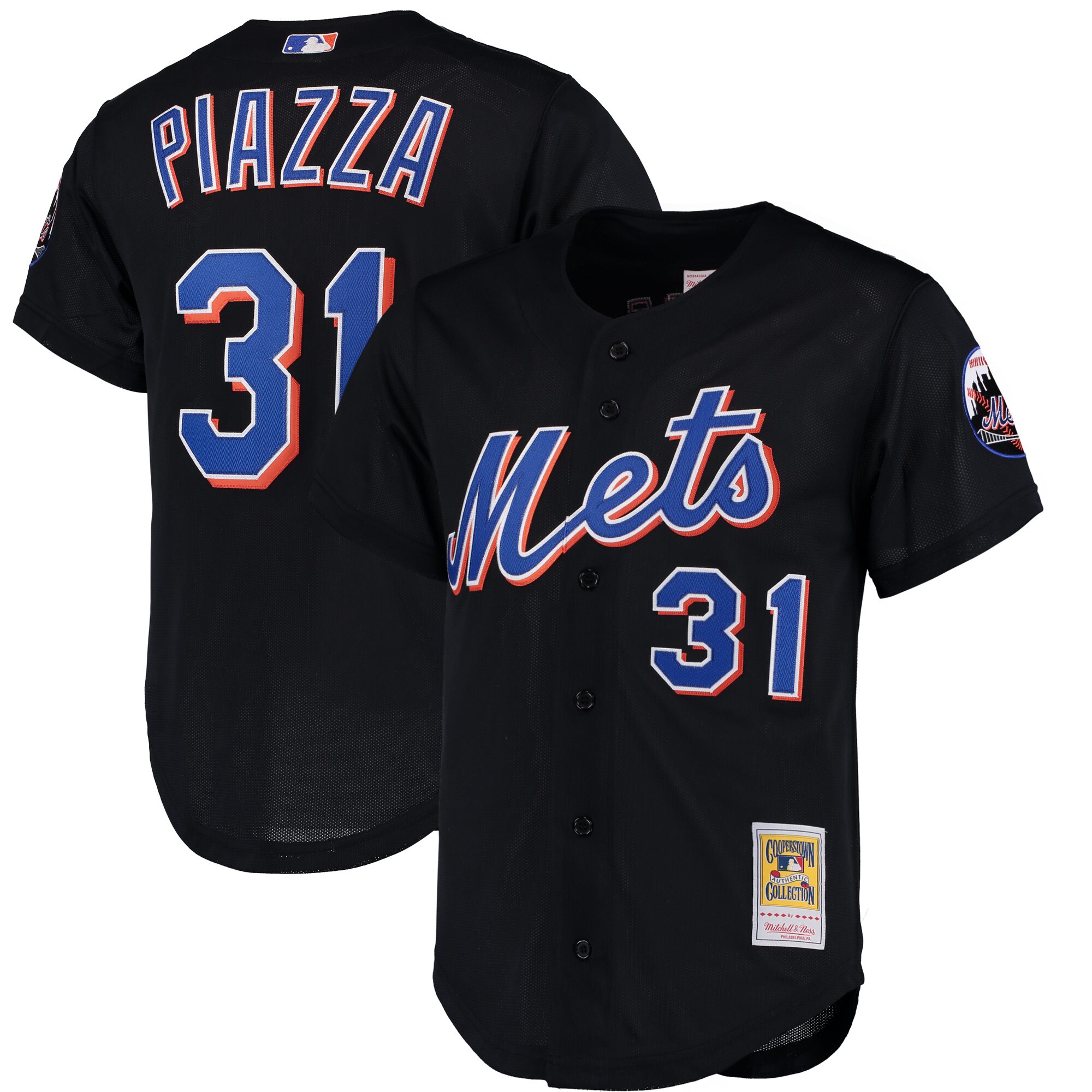 Mike Piazza New York Mets Mitchell & Ness Cooperstown Collection Mesh Batting Practice Button-Up Jersey - Black - vstockx
