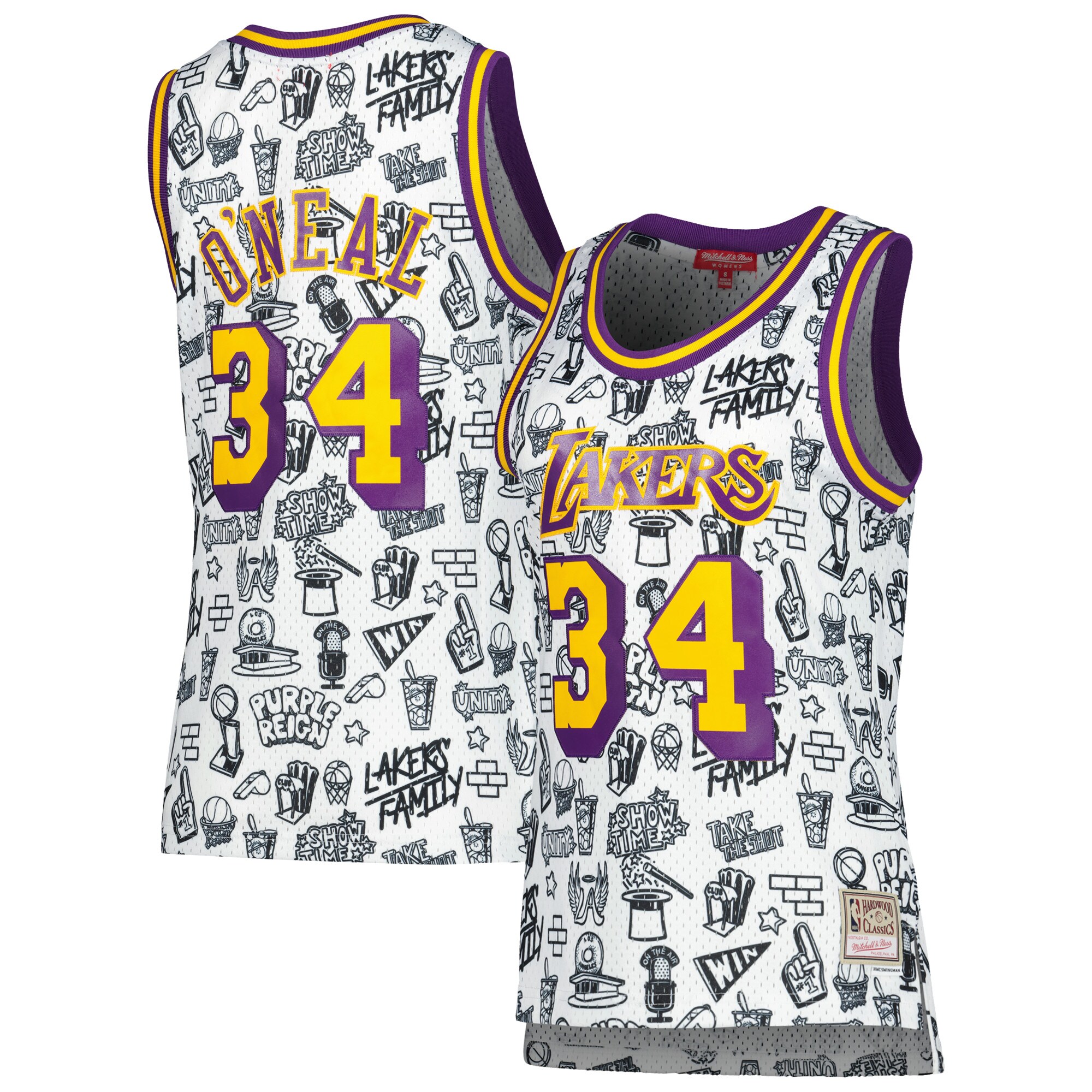 Shaquille O'Neal Los Angeles Lakers Mitchell & Ness Women's 1996 Doodle Swingman Jersey - White - vstockx