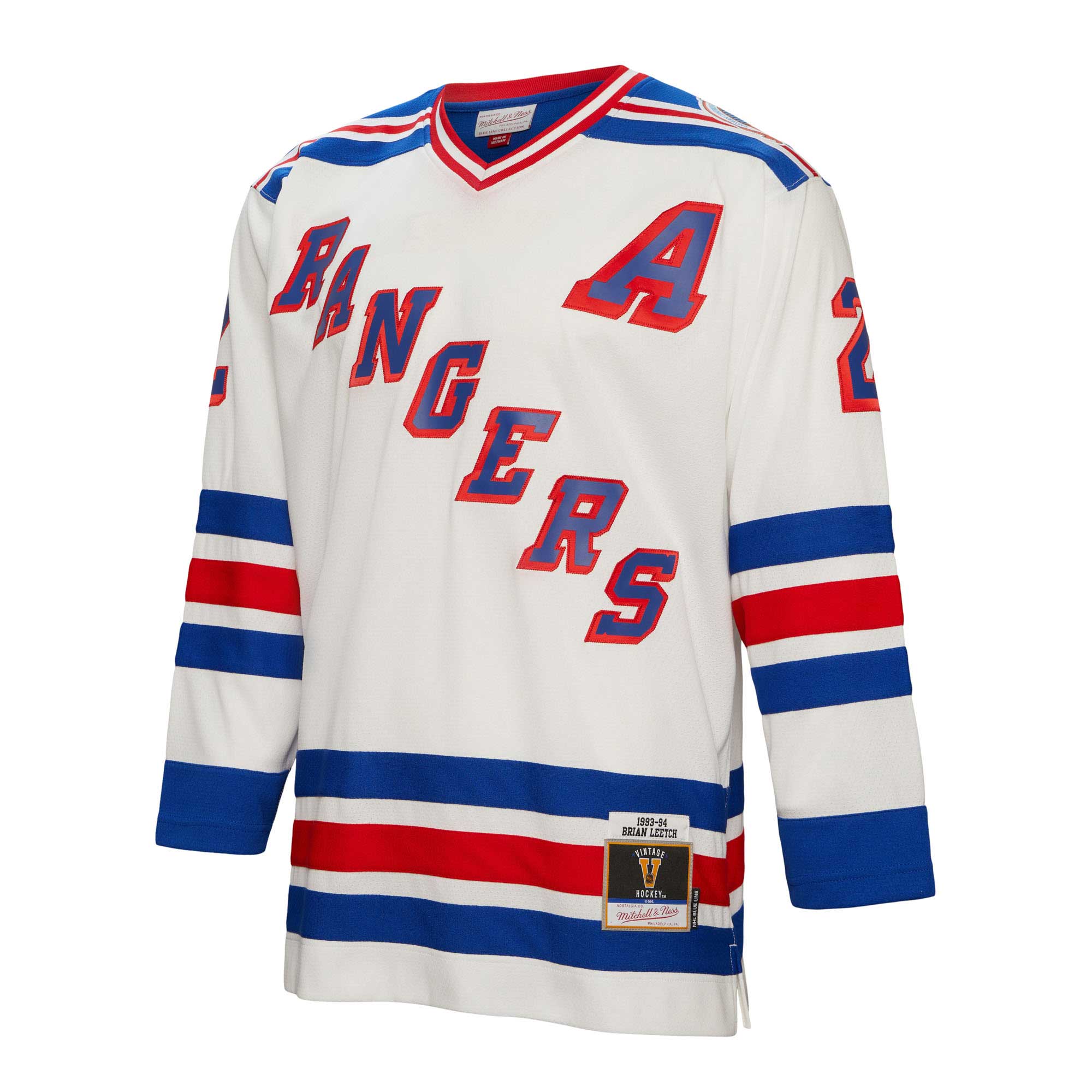 Brian Leetch New York Rangers Mitchell & Ness 1993/94 Alternate Captain Patch Blue Line Player Jersey - White - vstockx