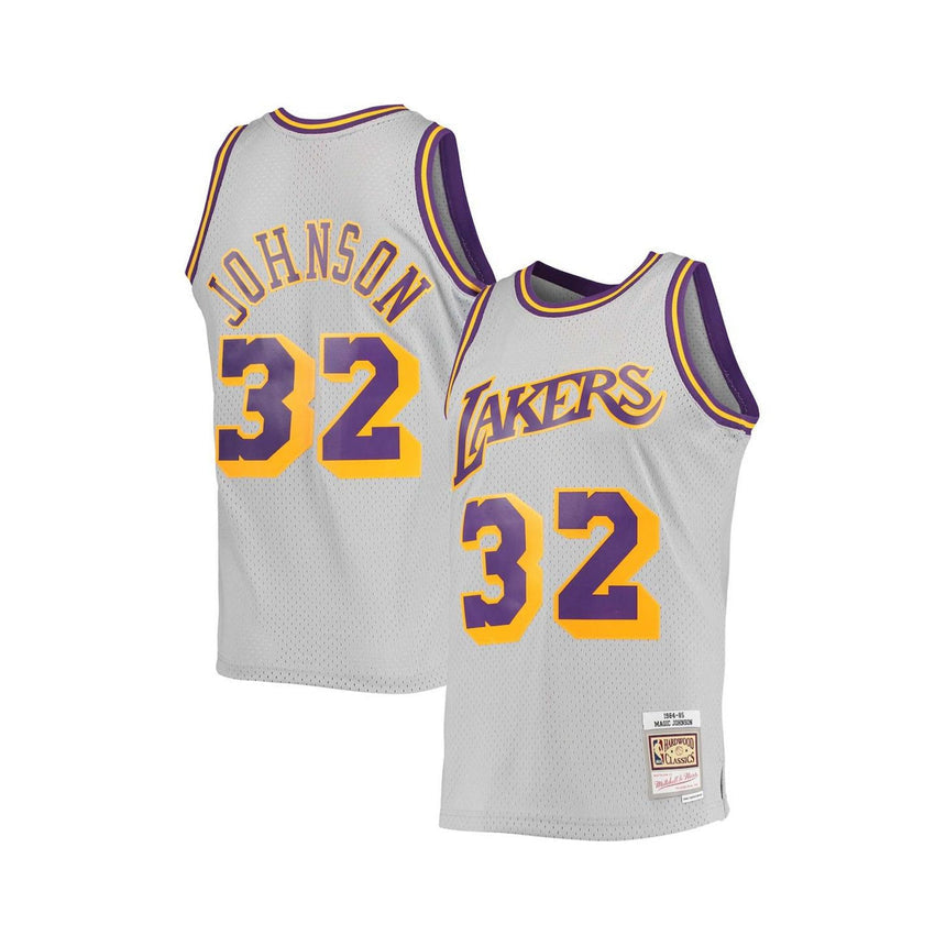 Men's Magic Johnson Los Angeles Lakers Mitchell & Ness 1984-85 Hardwood Classics Reload 2.0 Swingman Jersey - Gray - vstockx